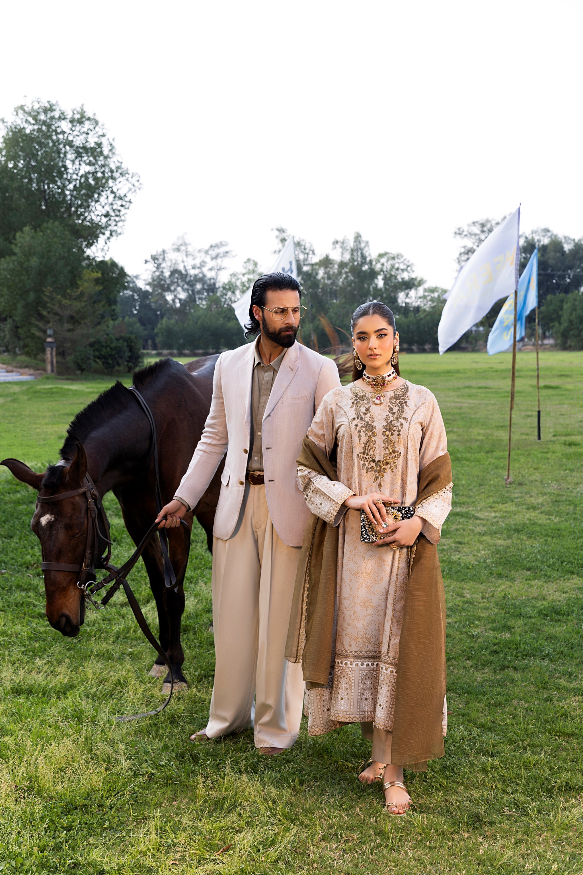 Beige 3 Piece Designer Cambric Outfit