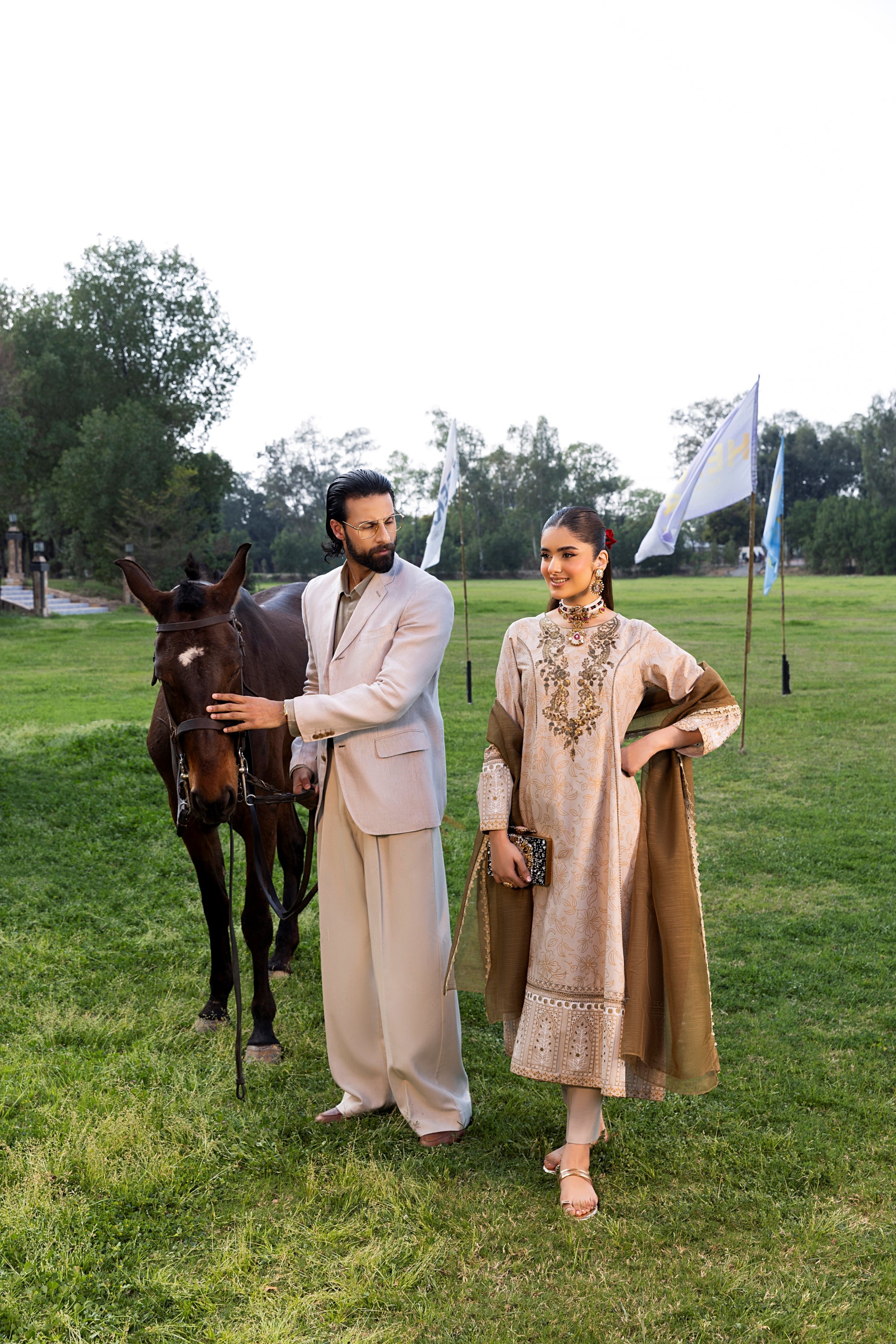 Beige 3 Piece Designer Cambric Outfit