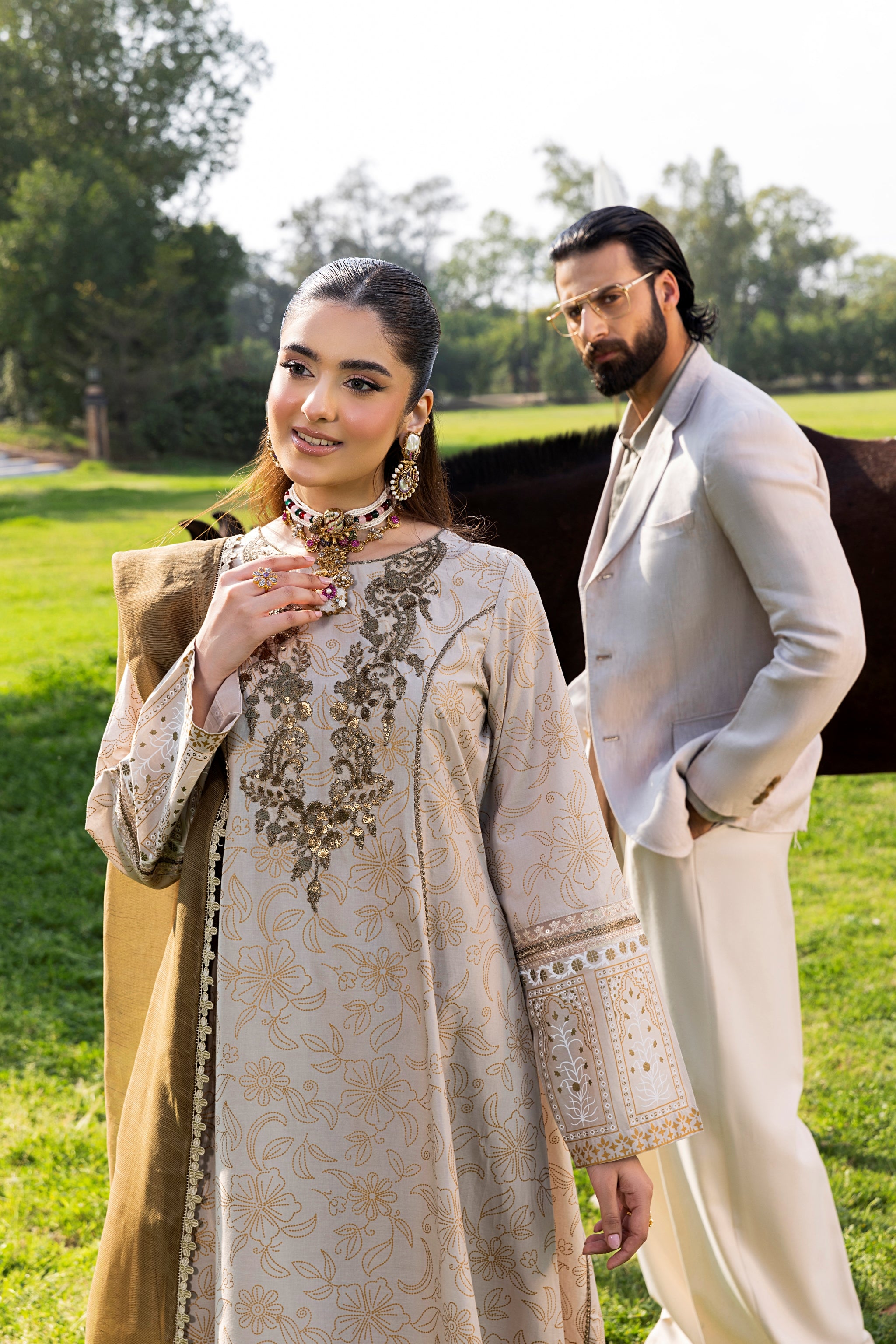 Beige 3 Piece Designer Cambric Outfit
