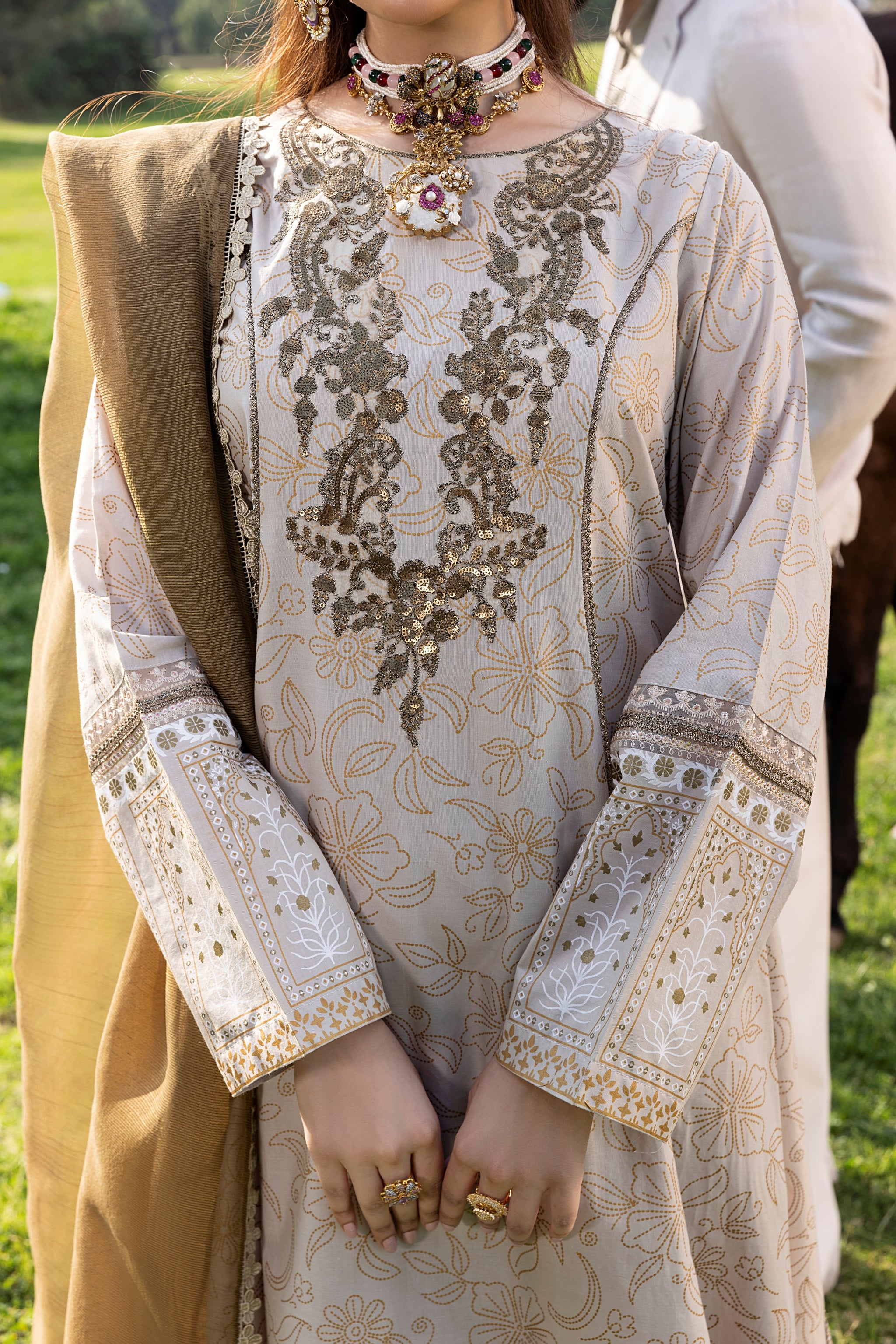 Beige 3 Piece Designer Cambric Outfit