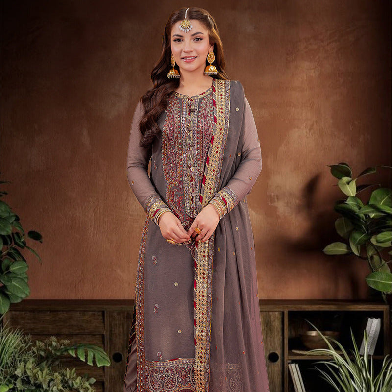Asim Jofa Dark Grey and Maroon 3 Piece Chiffon Outfit