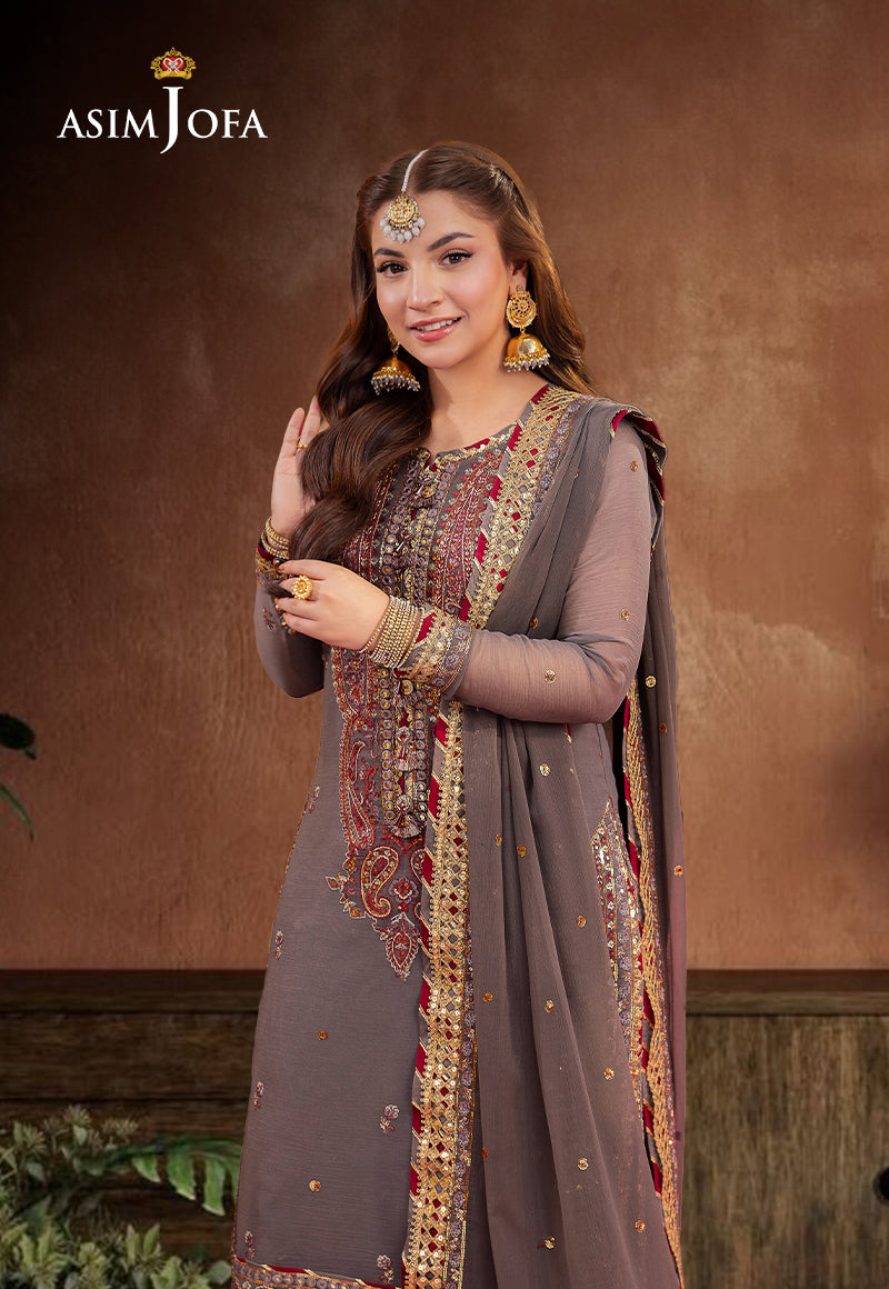 Asim Jofa Dark Grey and Maroon 3 Piece Chiffon Outfit