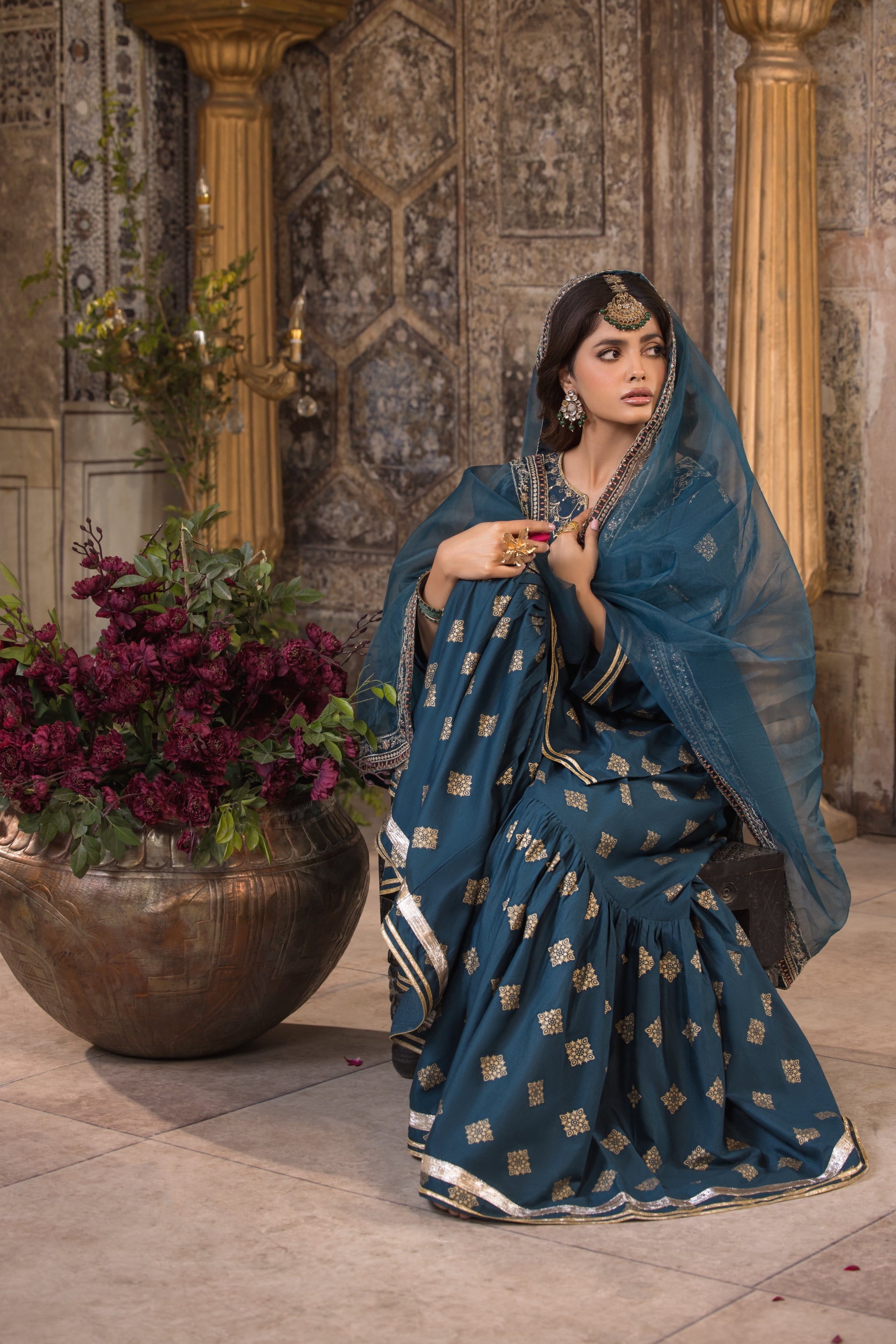 Teal 3 Piece Designer Cambric Outfit