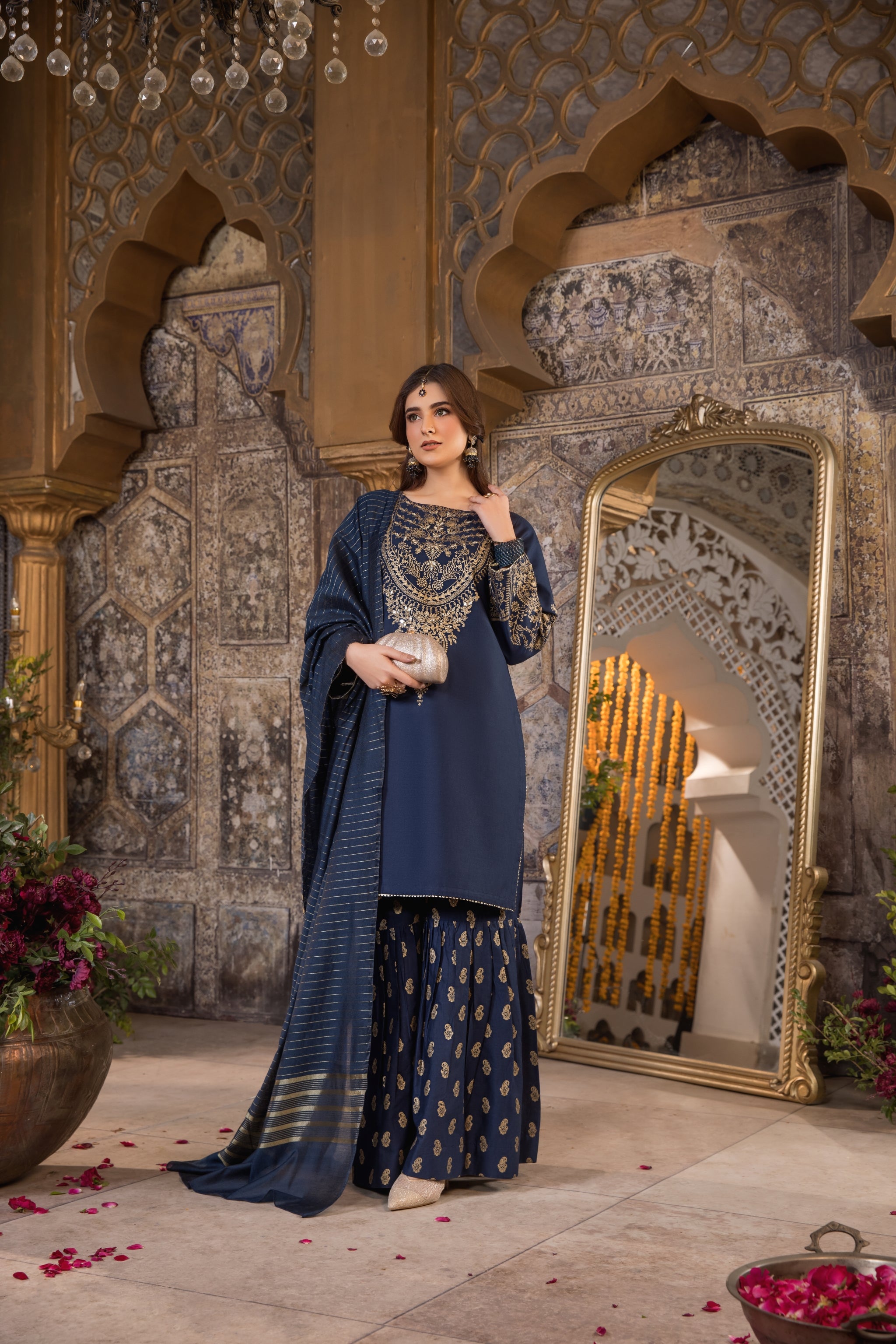 Navy Blue 3 Piece Designer Cambric Outfit