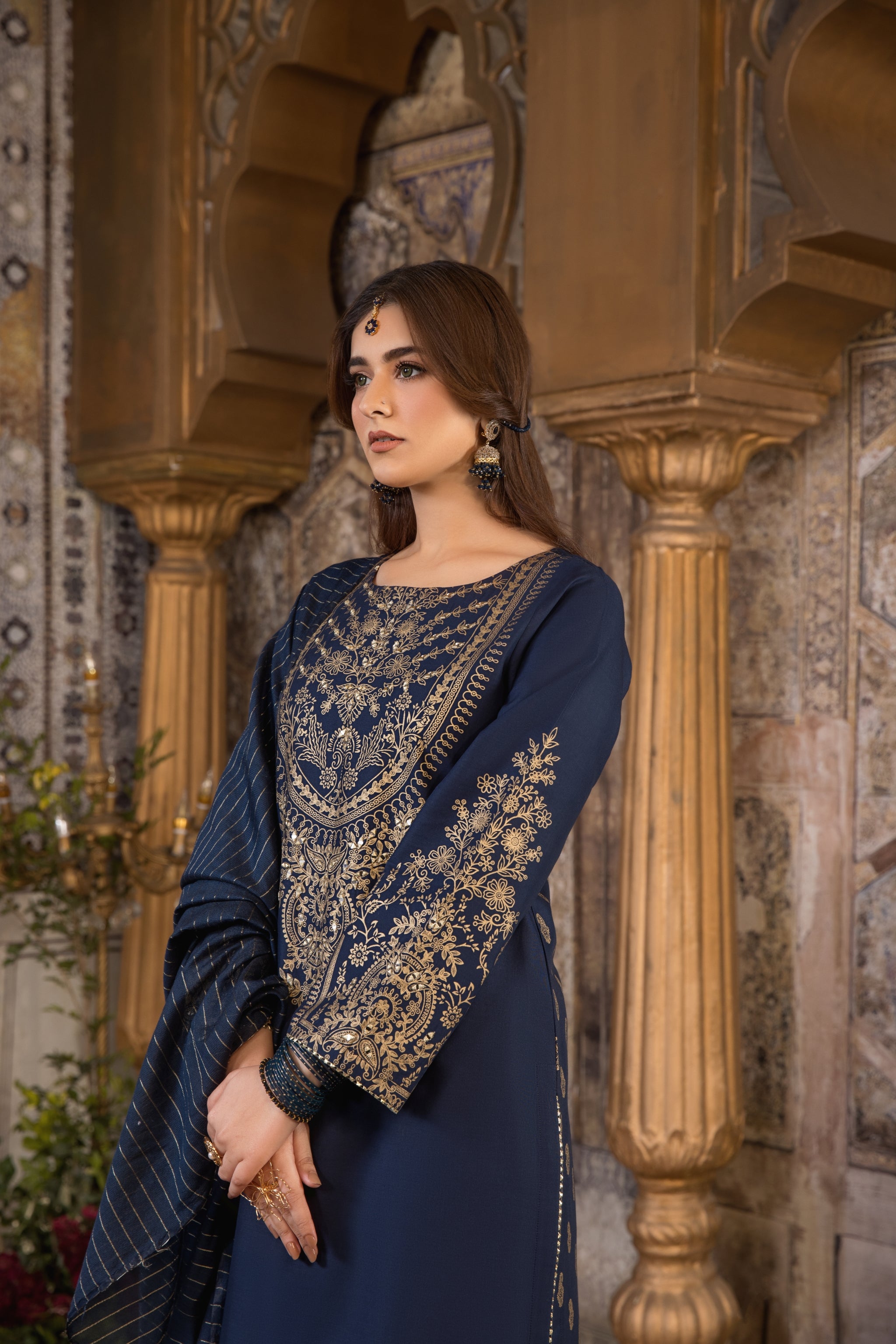 Navy Blue 3 Piece Designer Cambric Outfit
