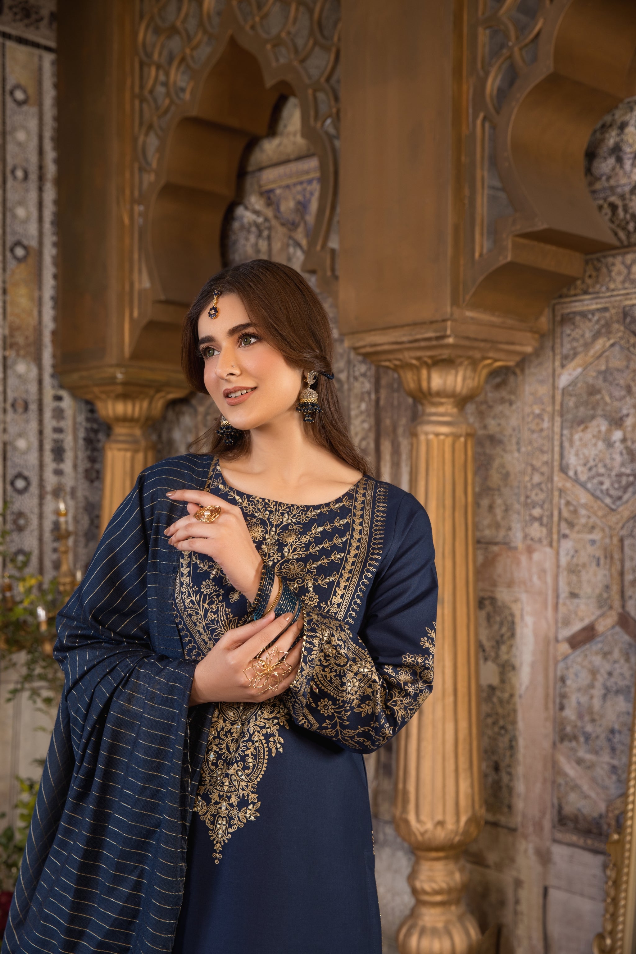 Navy Blue 3 Piece Designer Cambric Outfit