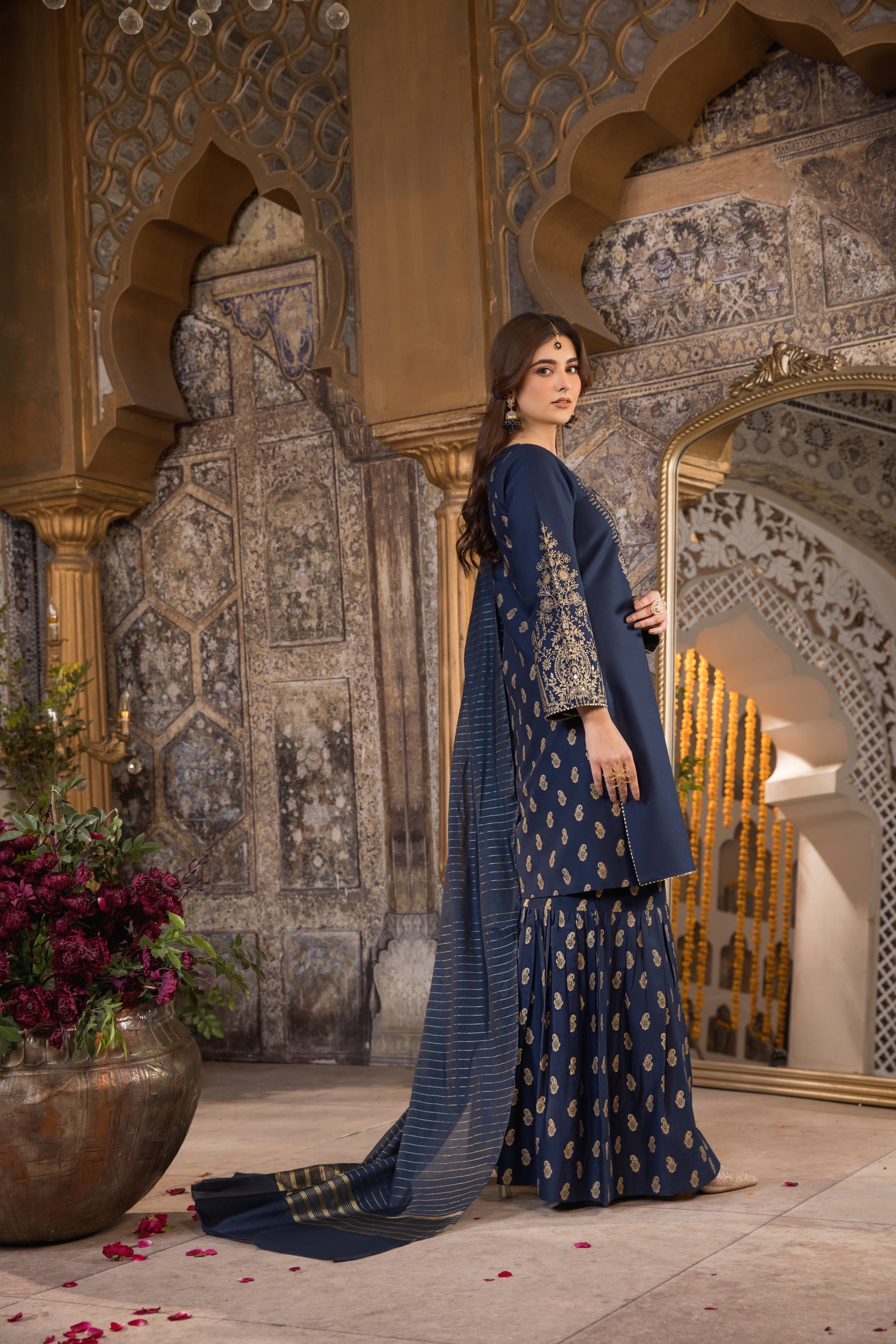 Navy Blue 3 Piece Designer Cambric Outfit