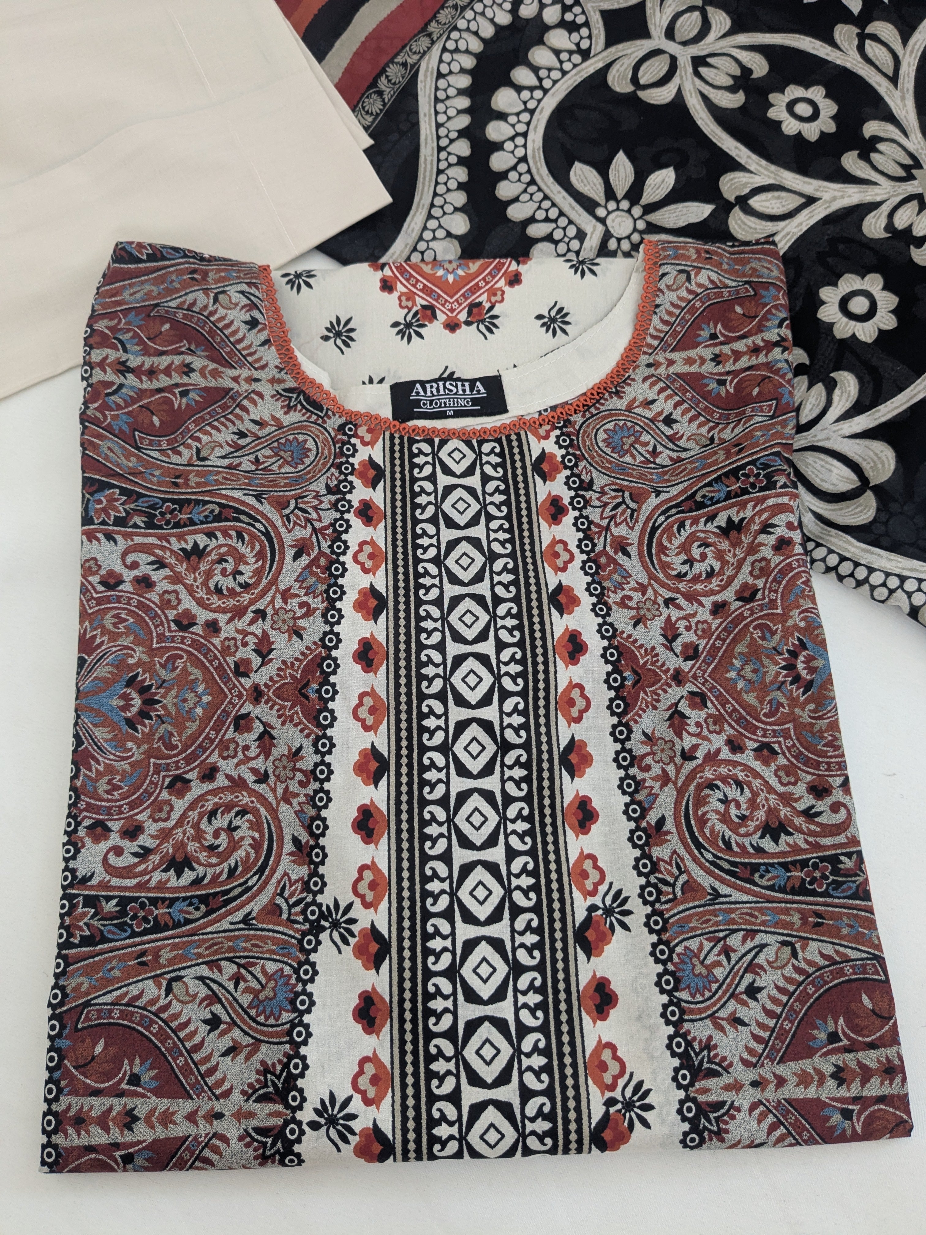 Khaadi Beige and Burnt Orange 3 Piece Cambric Outfit