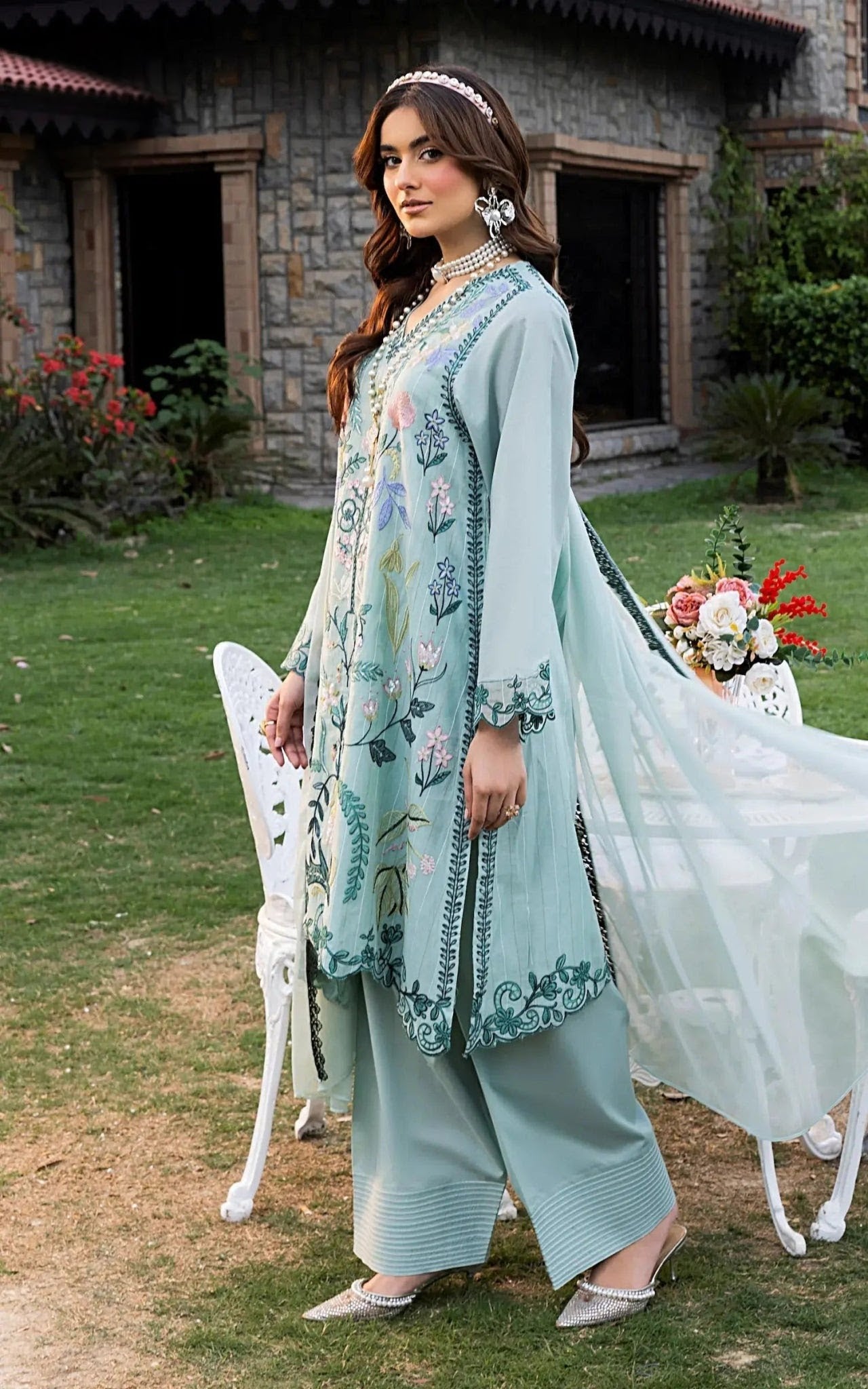 Farshi Blue 3 Piece Designer Cambric Outfit