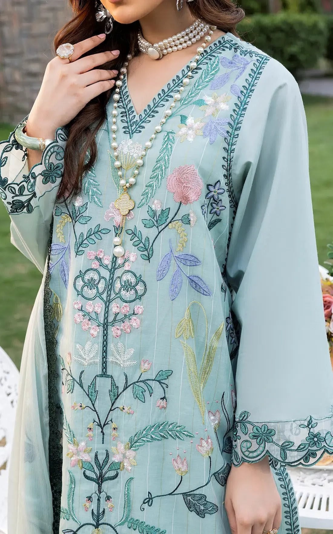 Farshi Blue 3 Piece Designer Cambric Outfit