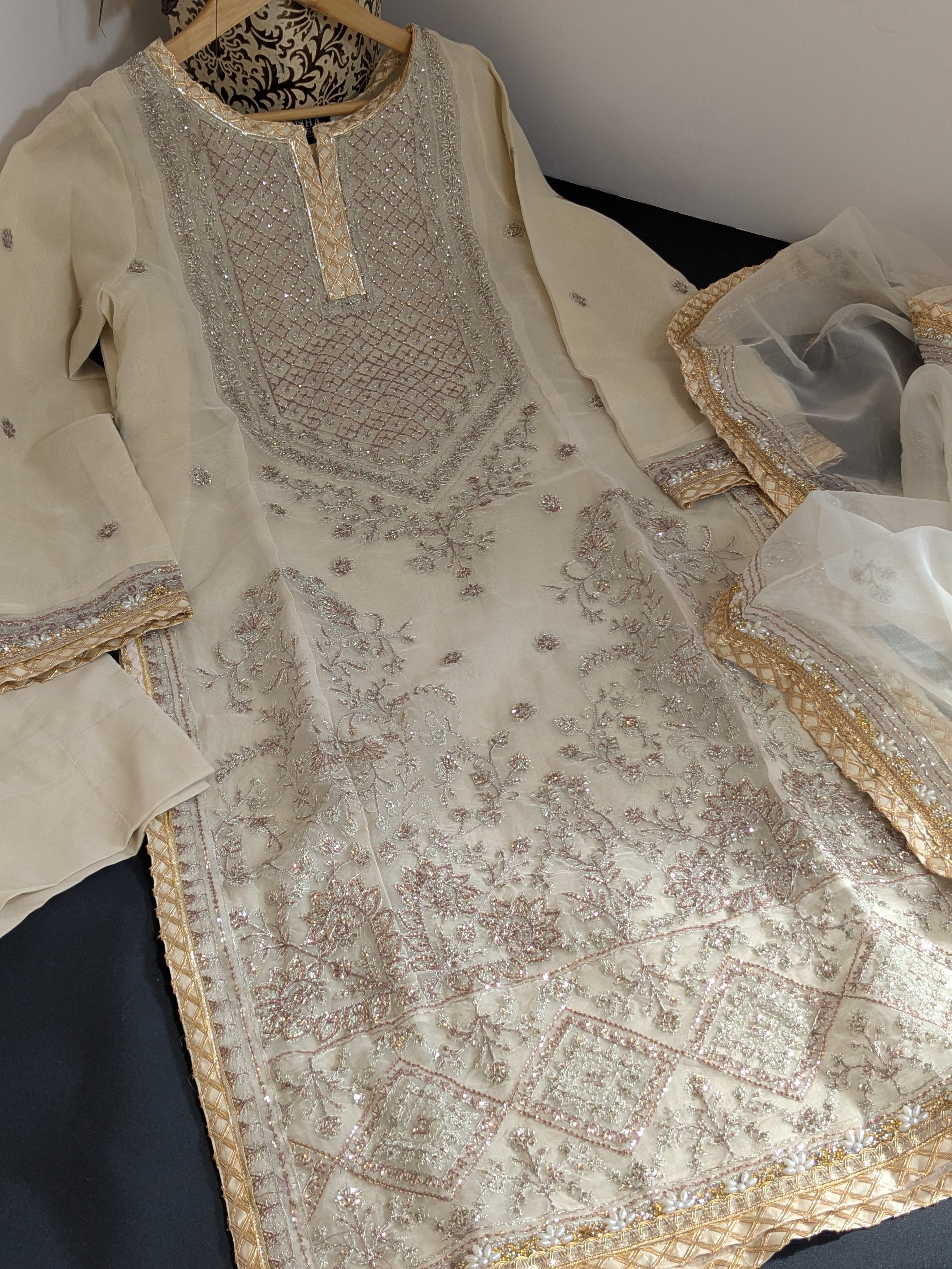Asim Jofa Beige 3 Piece Organza Outfit