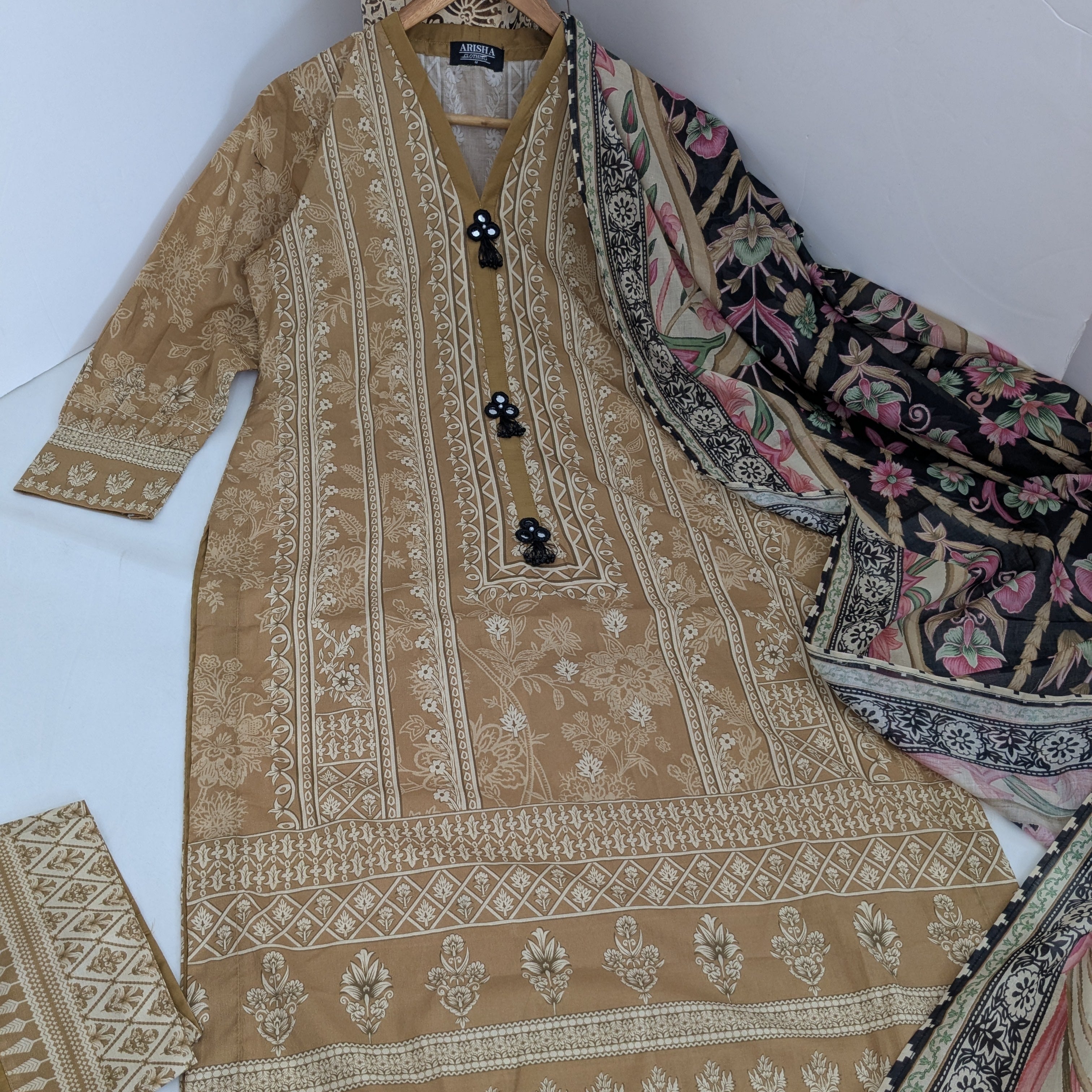 Khaadi Camel and Black 3 Piece Lawn Outfit
