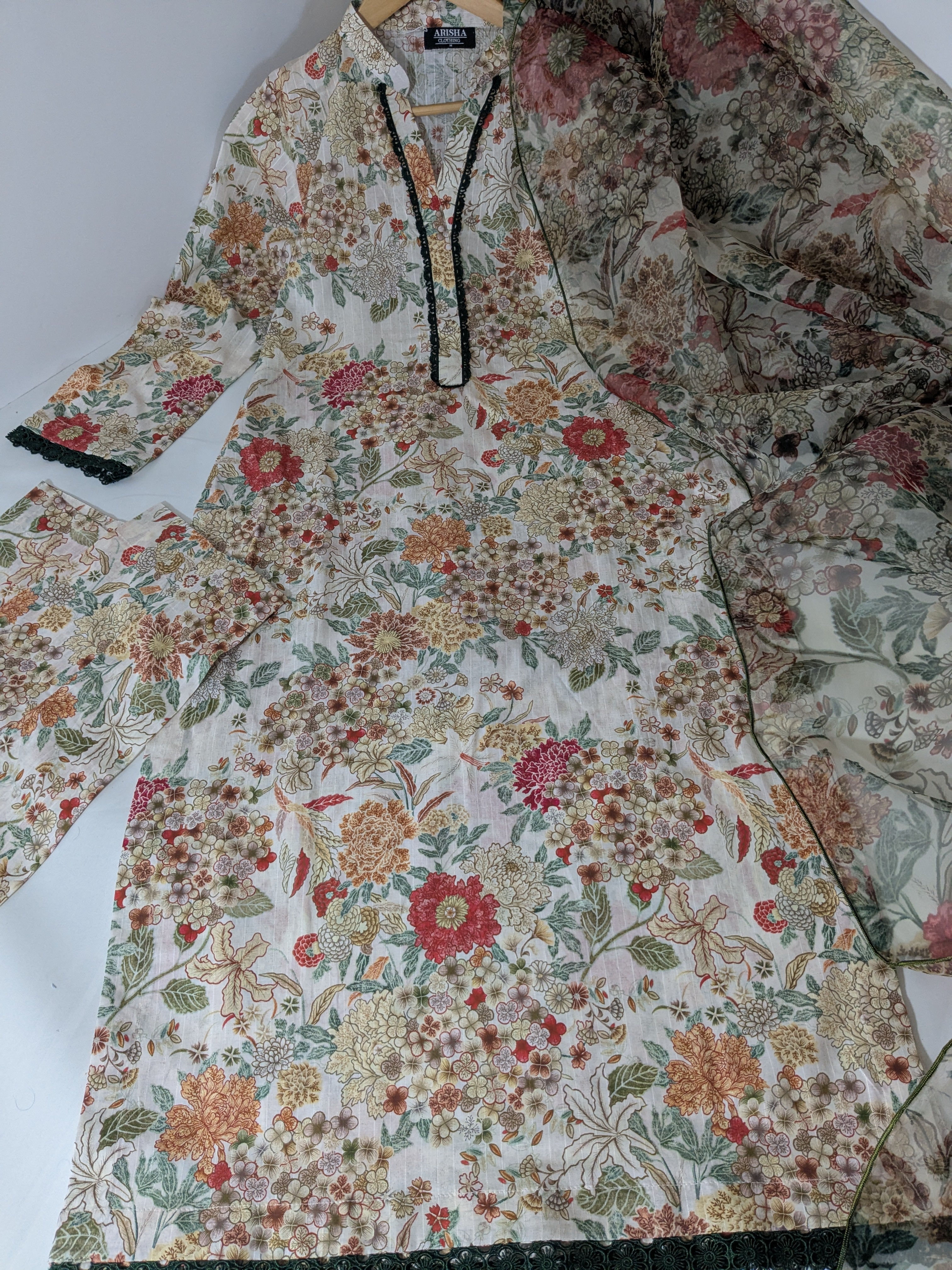 Ethnic White Floral 3 Piece Lawn Outfit