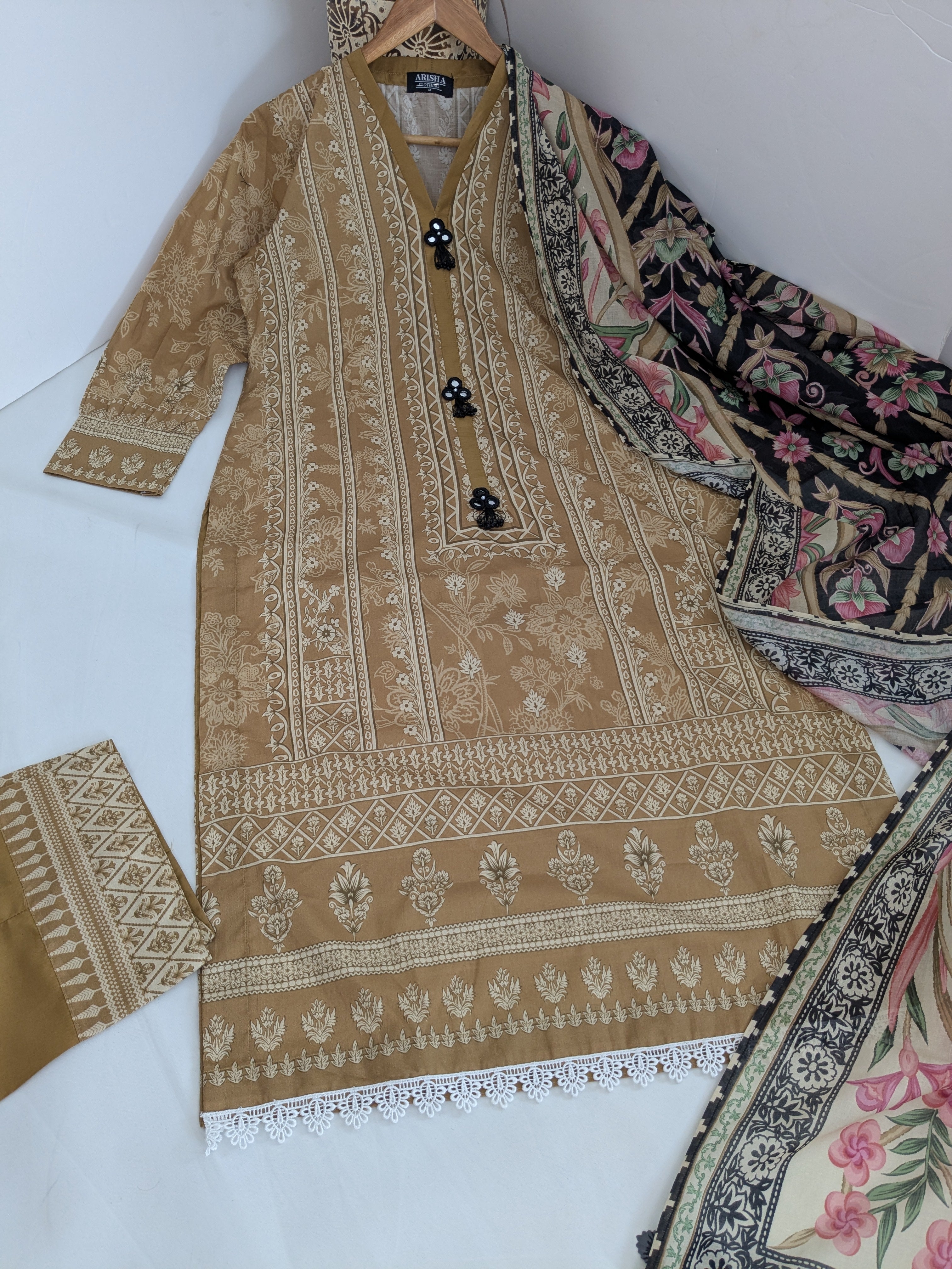 Khaadi Camel and Black 3 Piece Lawn Outfit