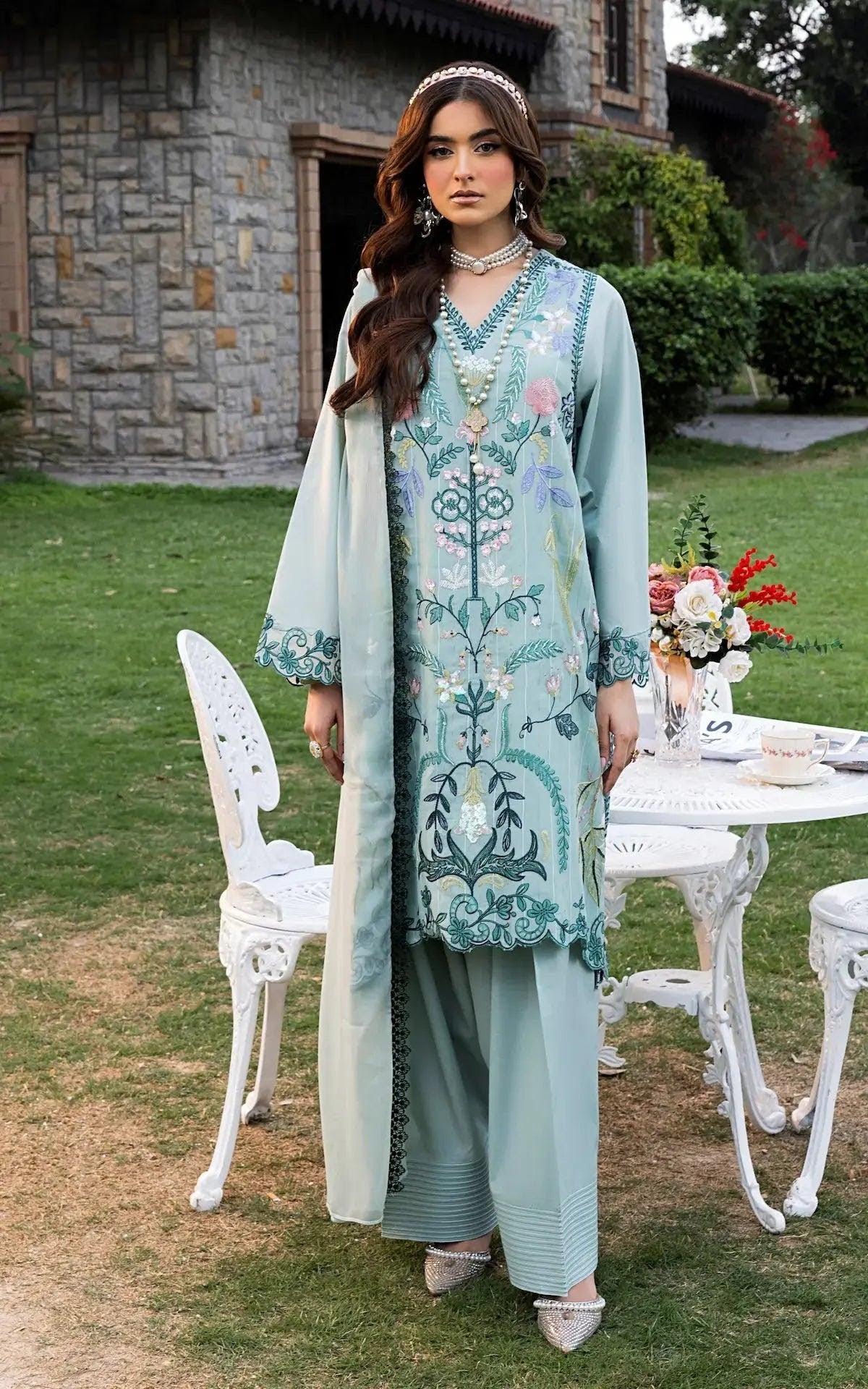 Farshi Blue 3 Piece Designer Cambric Outfit