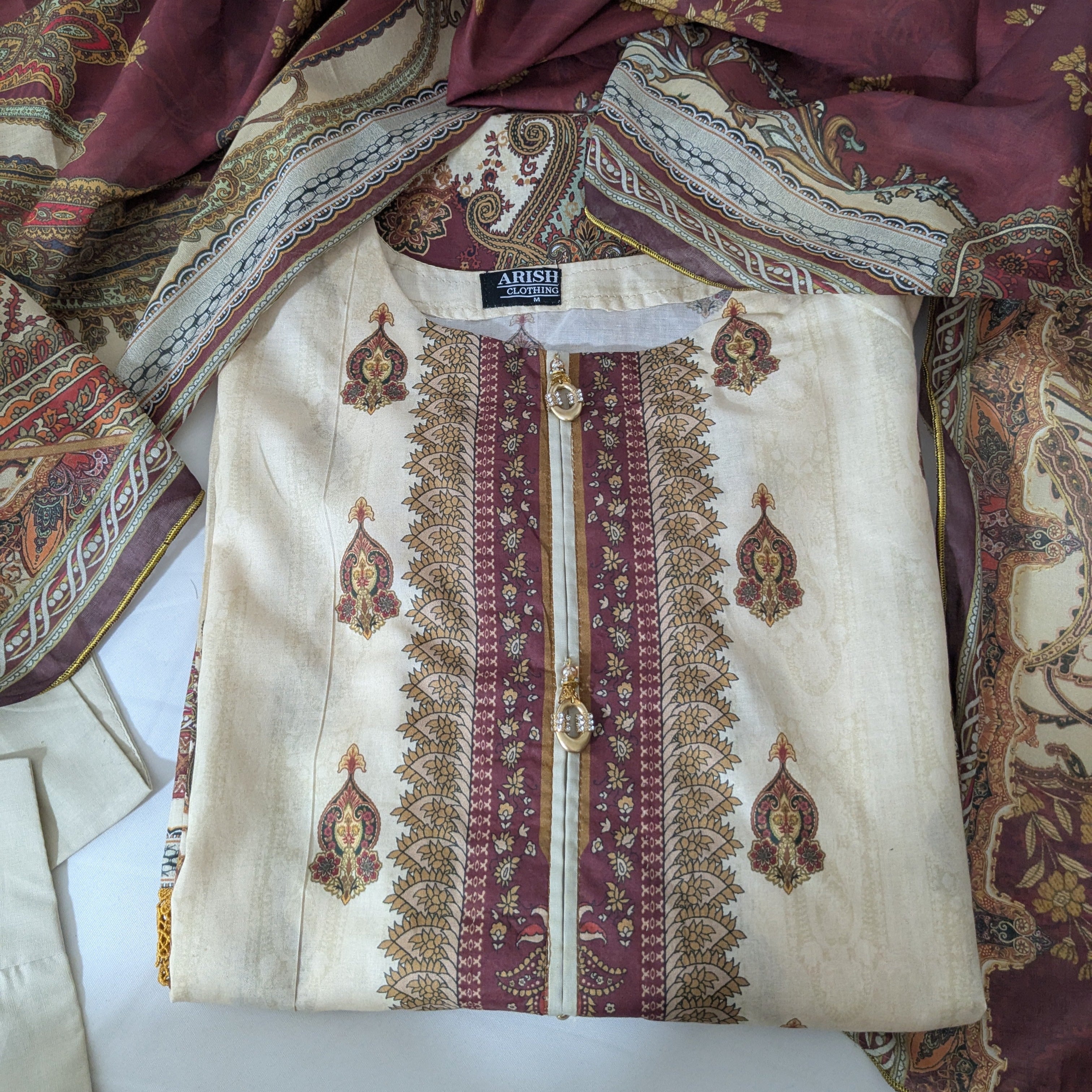 Asim Jofa Cream and Maroon 3 Piece Lawn Outfit