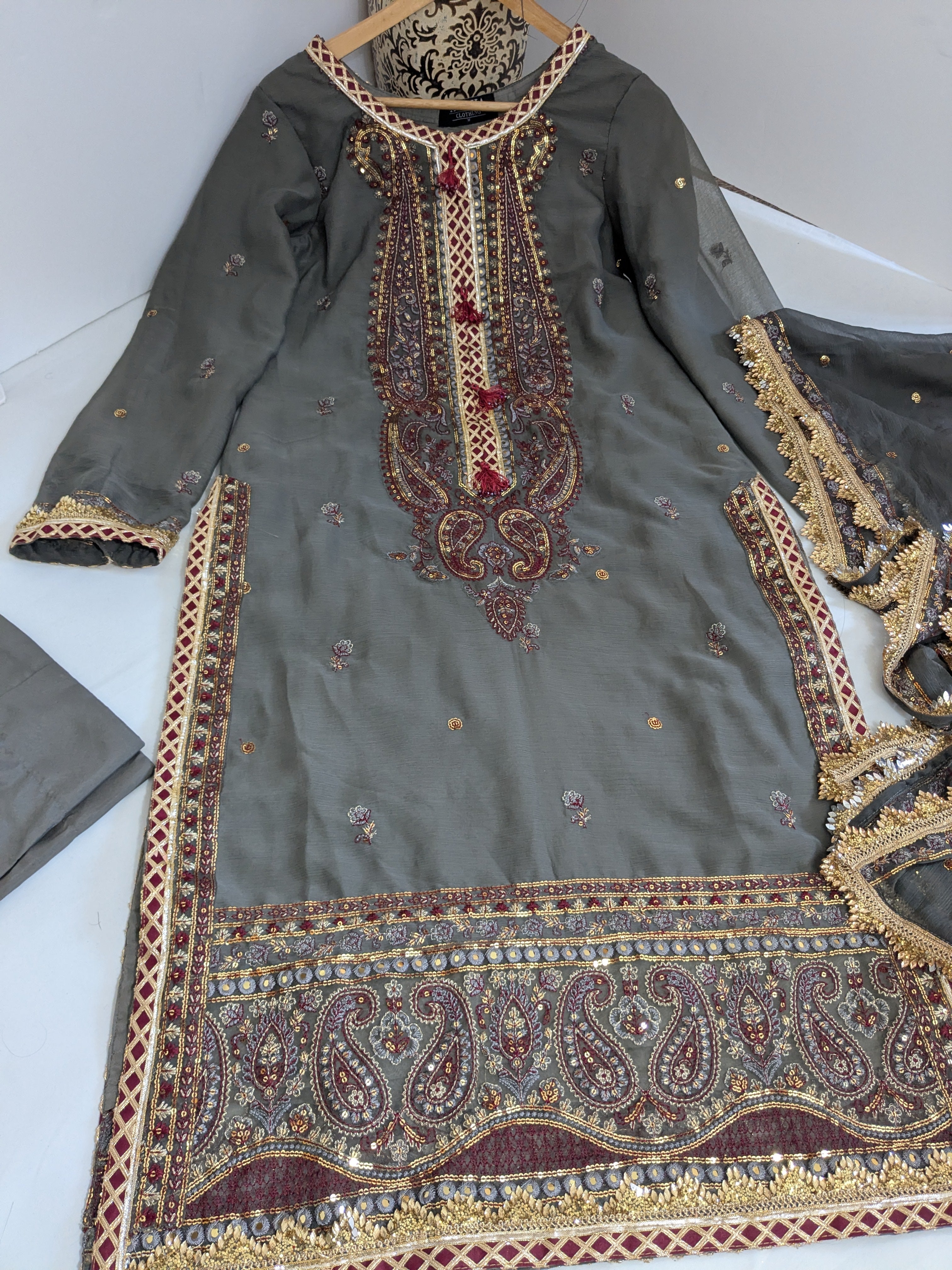 Asim Jofa Dark Grey and Maroon 3 Piece Chiffon Outfit