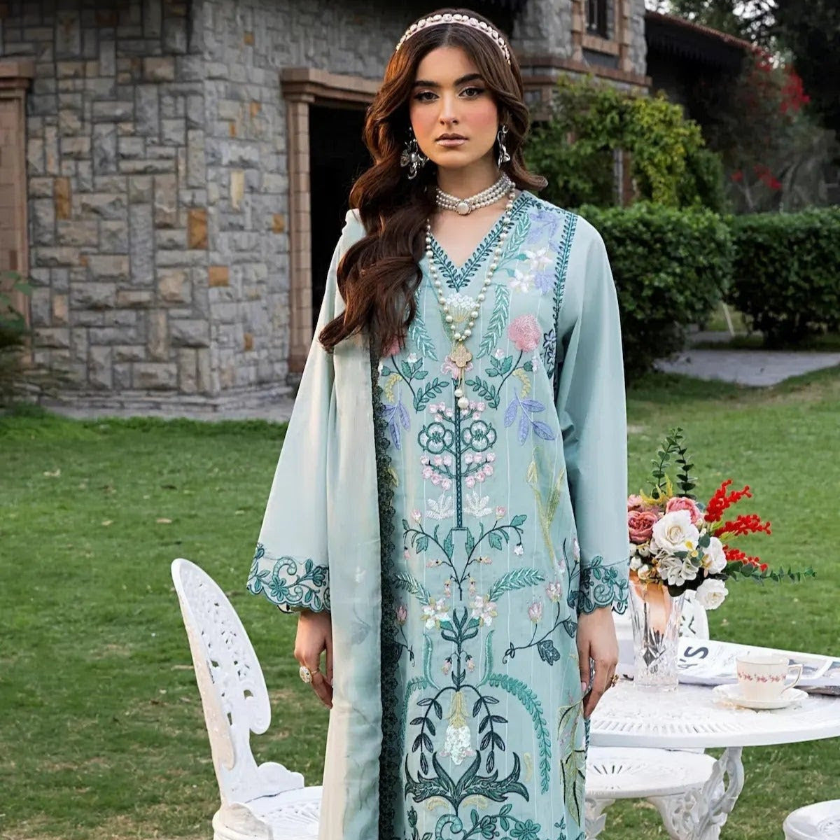Farshi Blue 3 Piece Designer Cambric Outfit
