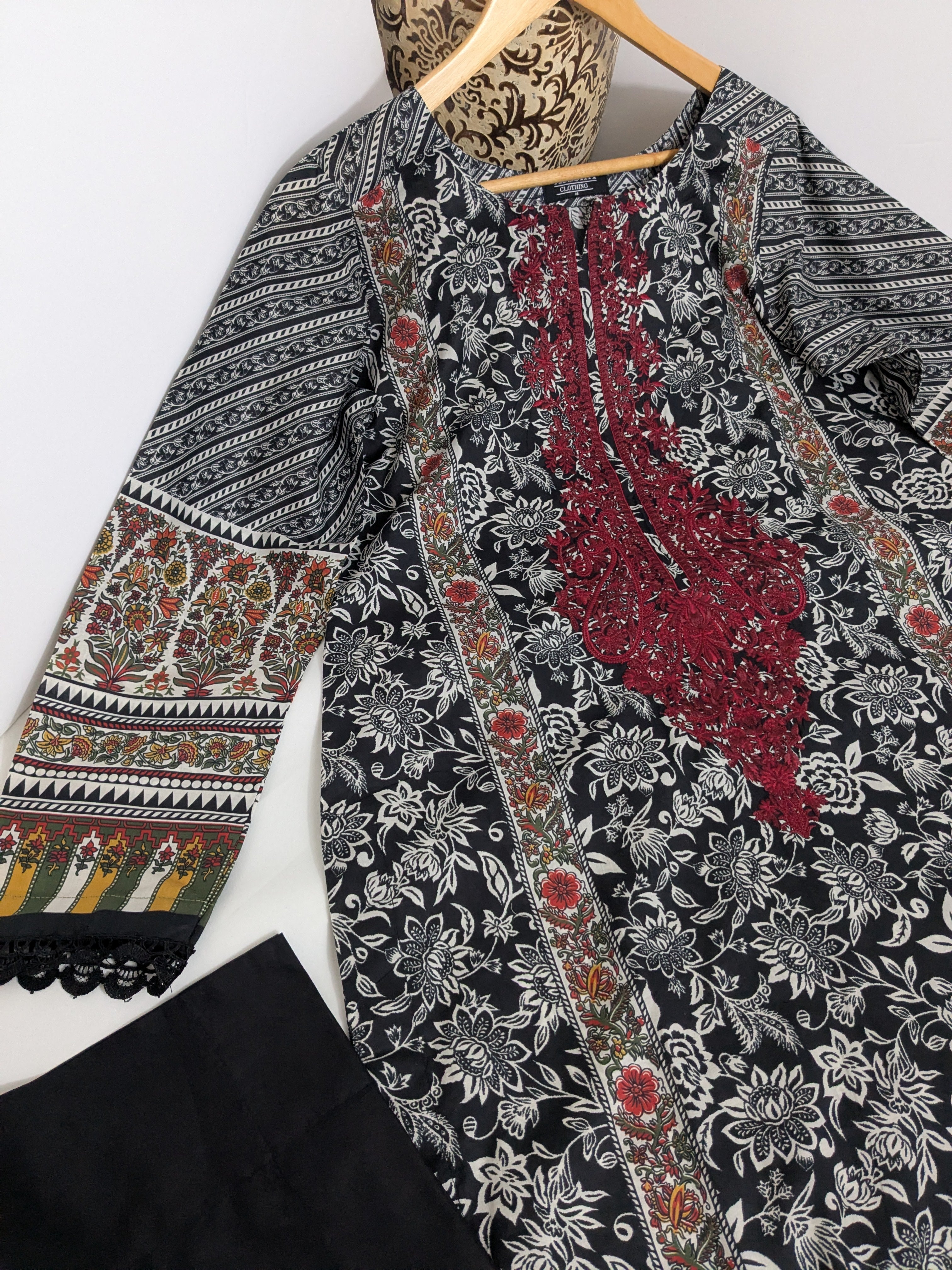 Khaadi Black and Maroon Embroidered 3 Piece Lawn Outfit