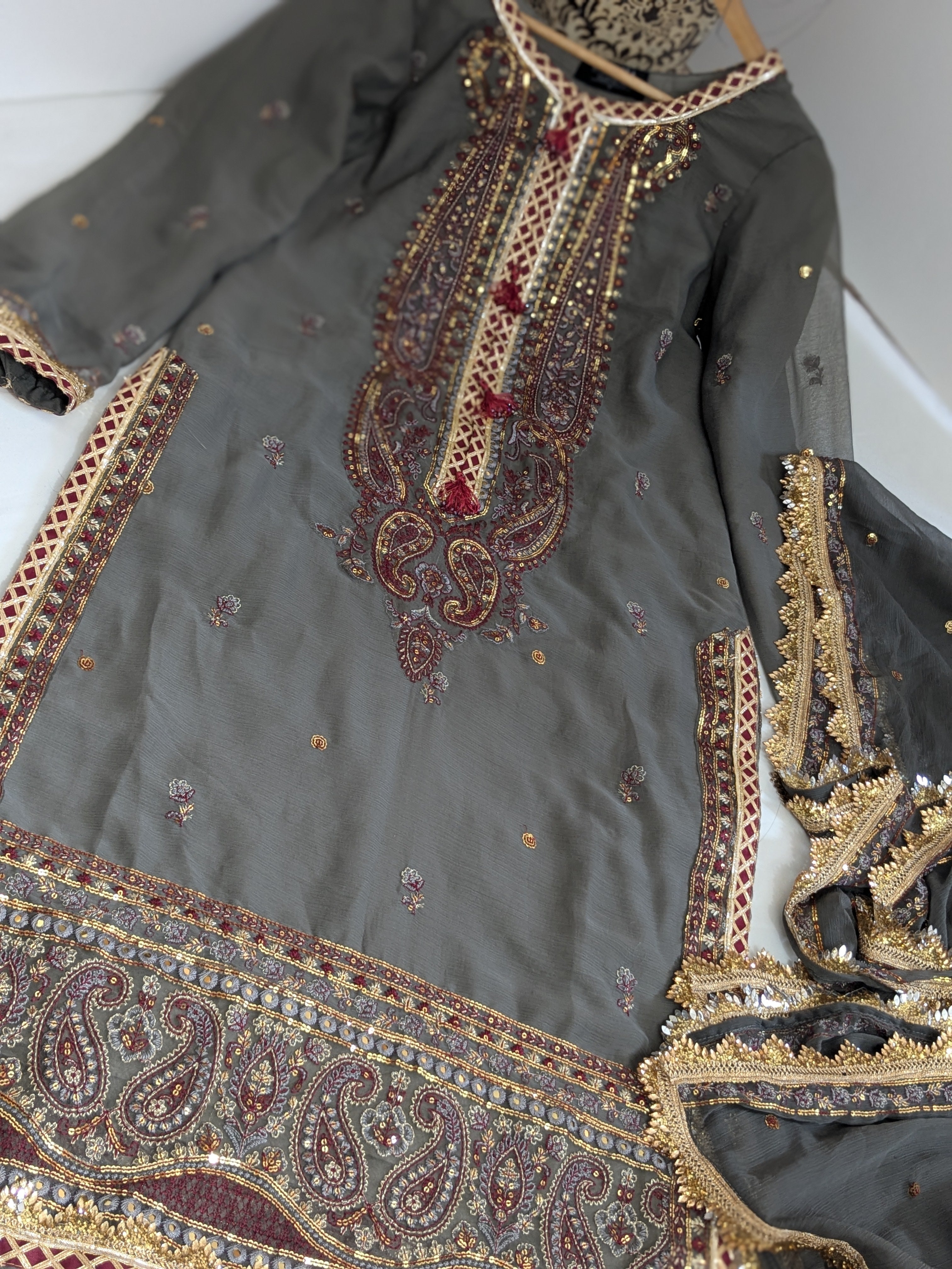 Asim Jofa Dark Grey and Maroon 3 Piece Chiffon Outfit