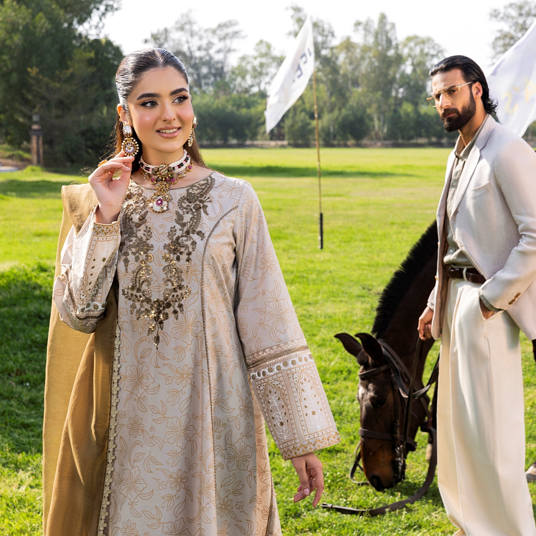 Beige 3 Piece Designer Cambric Outfit