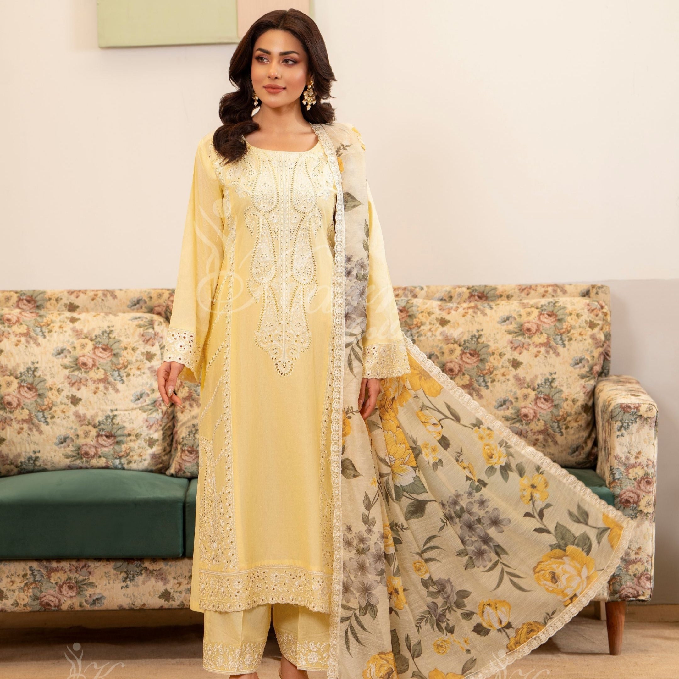 Karma Pastel Yellow 3 Piece Lawn Outfit