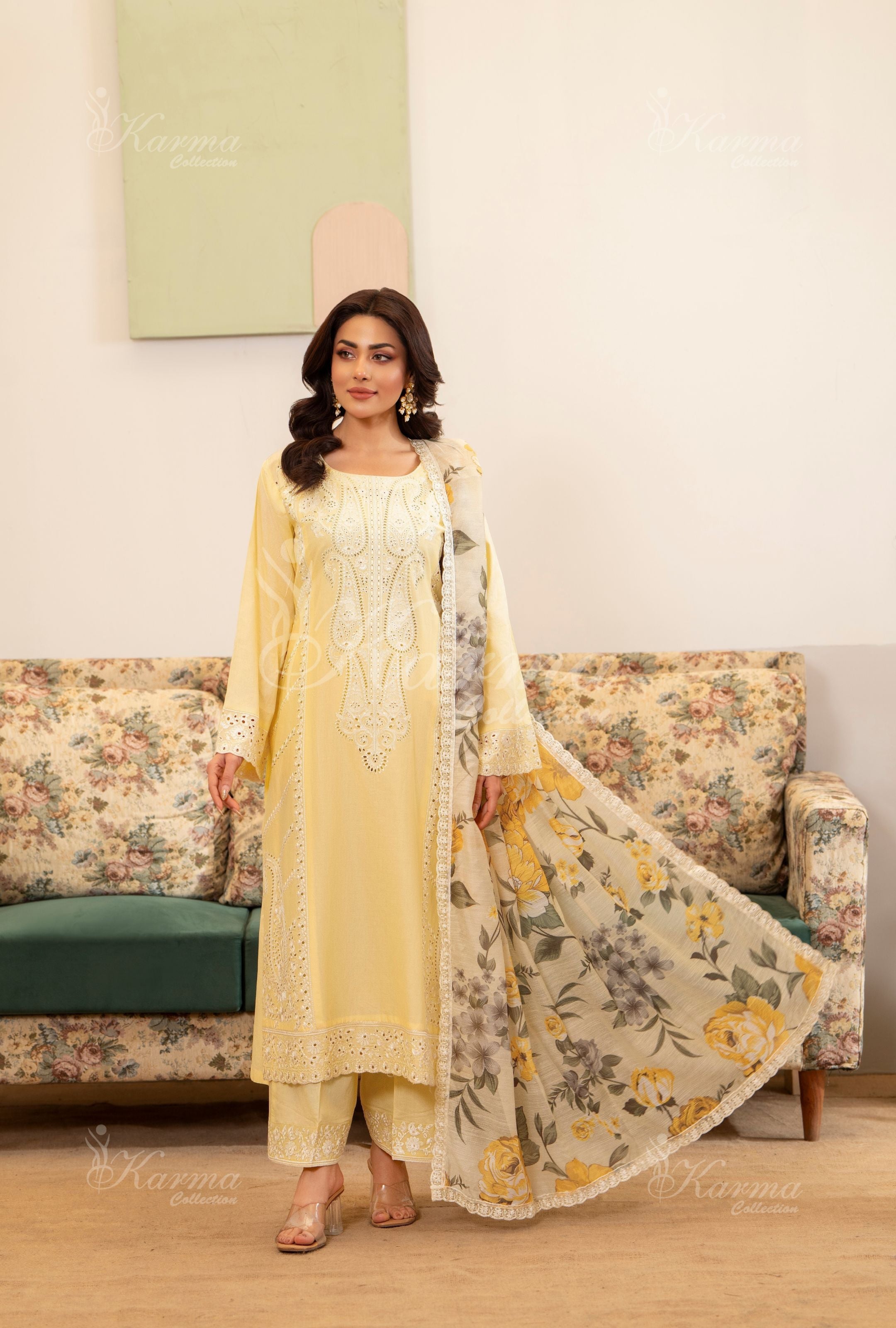 Karma Pastel Yellow 3 Piece Lawn Outfit