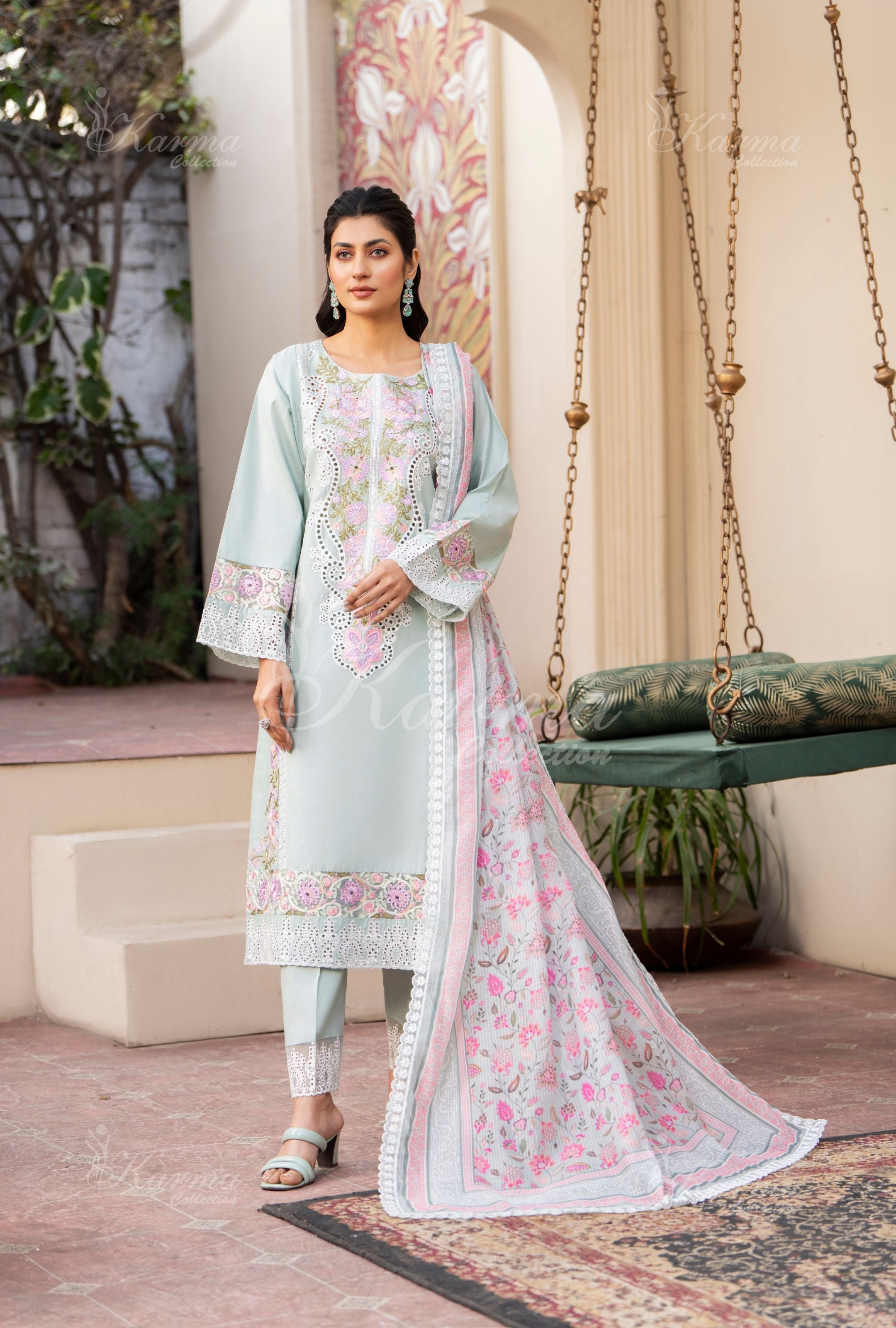 Karma Pastel Light Blue 3 Piece Lawn Outfit