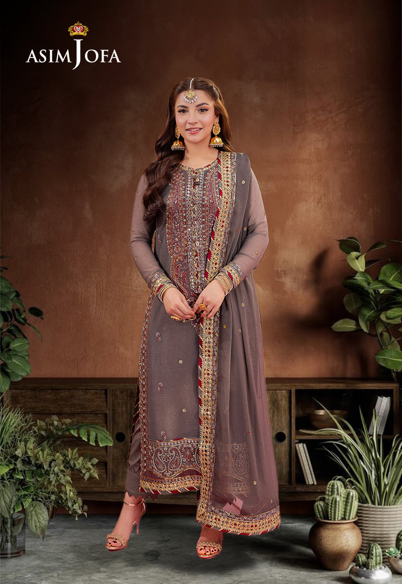 Asim Jofa Dark Grey and Maroon 3 Piece Chiffon Outfit
