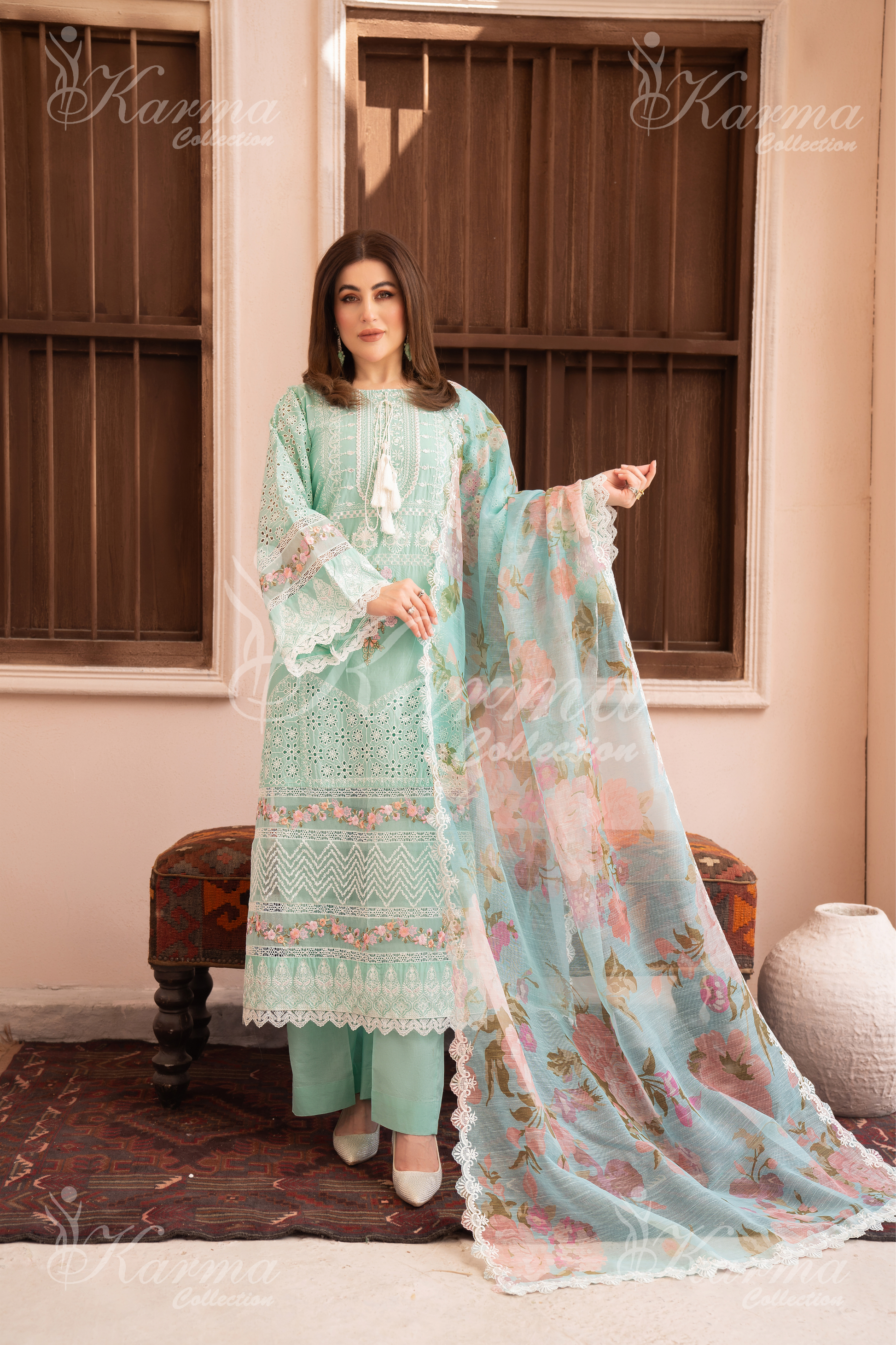 Karma Light Turquoise 3 Piece Lawn Outfit
