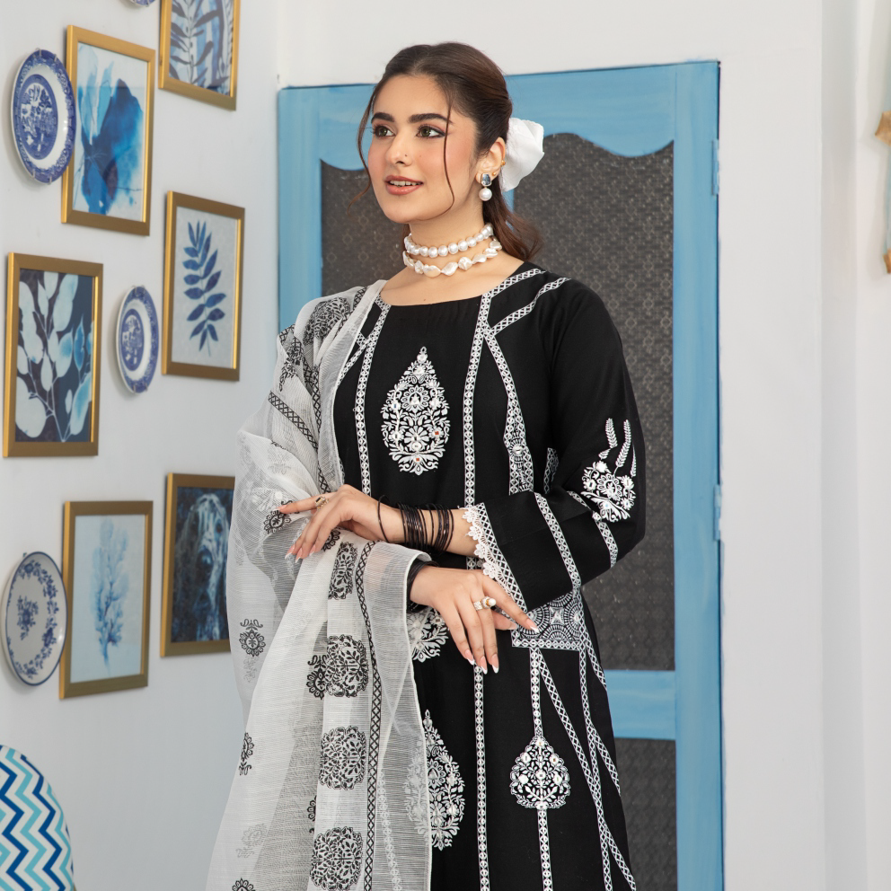 Black and White 3 Piece Designer Lawn Outfit