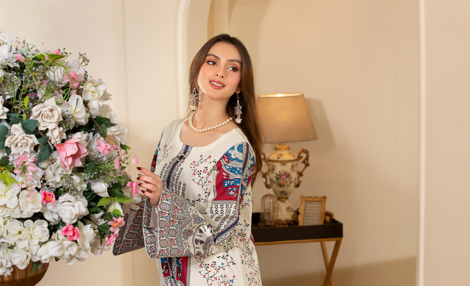 White and Red 3 Piece Designer Lawn Outfit