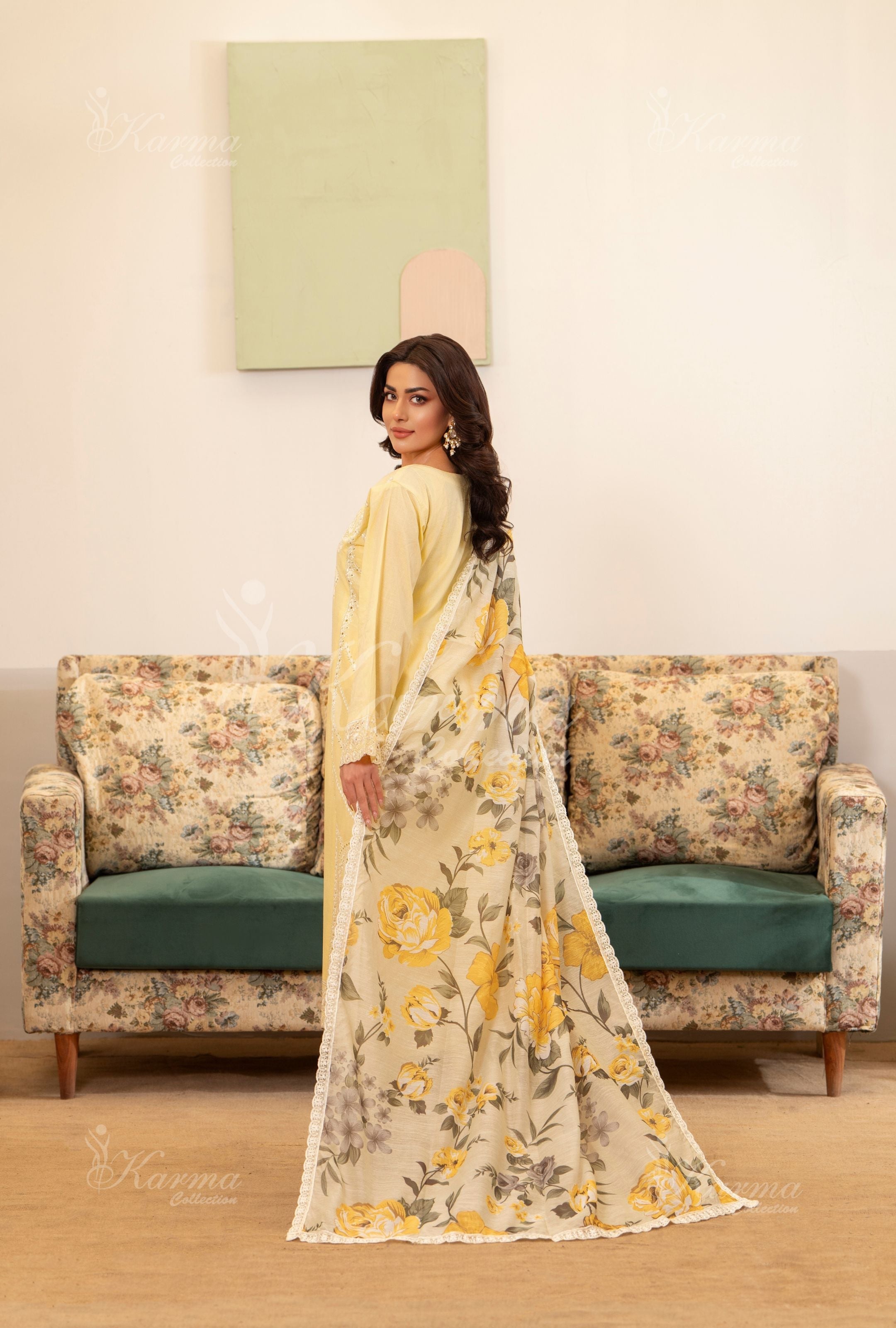 Karma Pastel Yellow 3 Piece Lawn Outfit