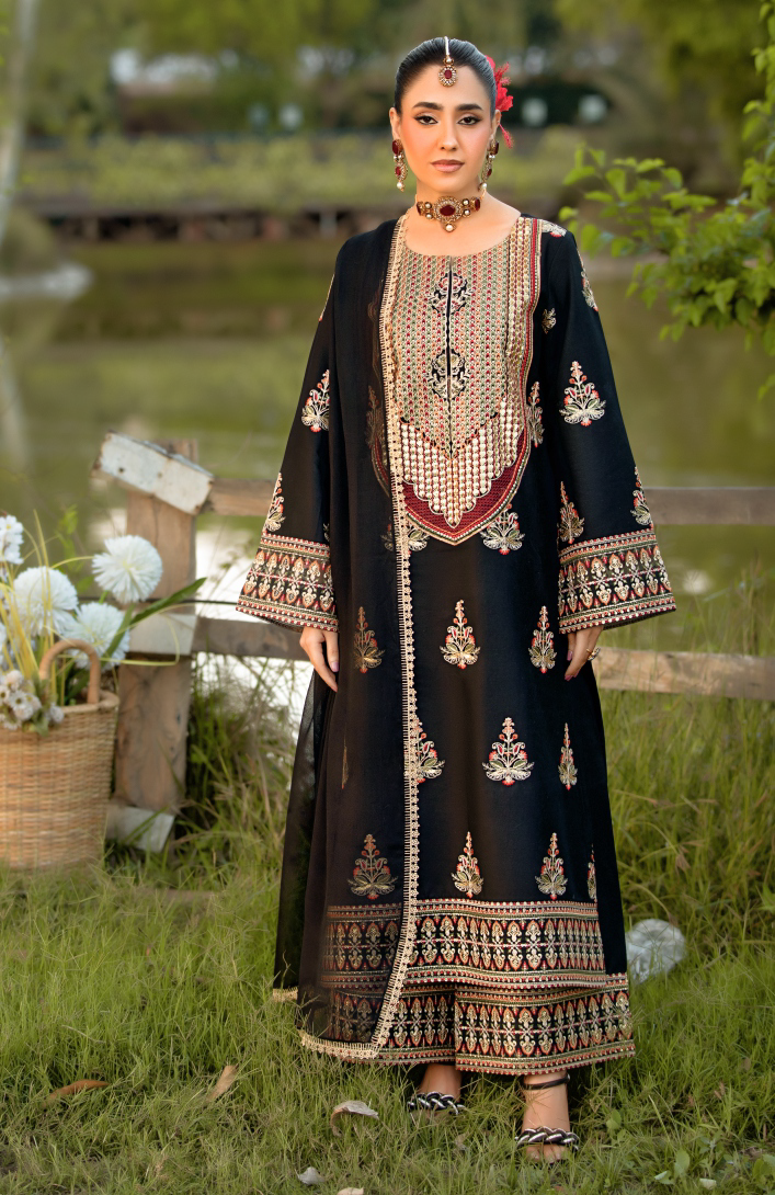 Black and Gold 3 Piece Designer Lawn Outfit