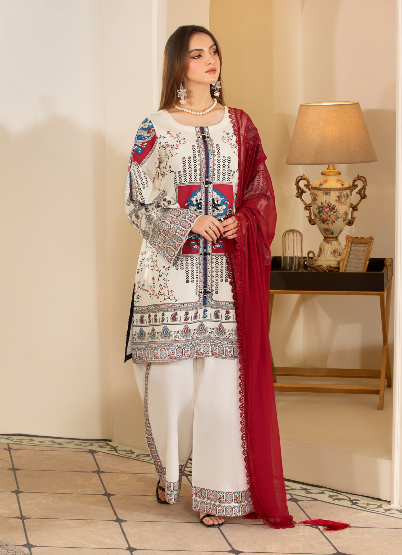 White and Red 3 Piece Designer Lawn Outfit