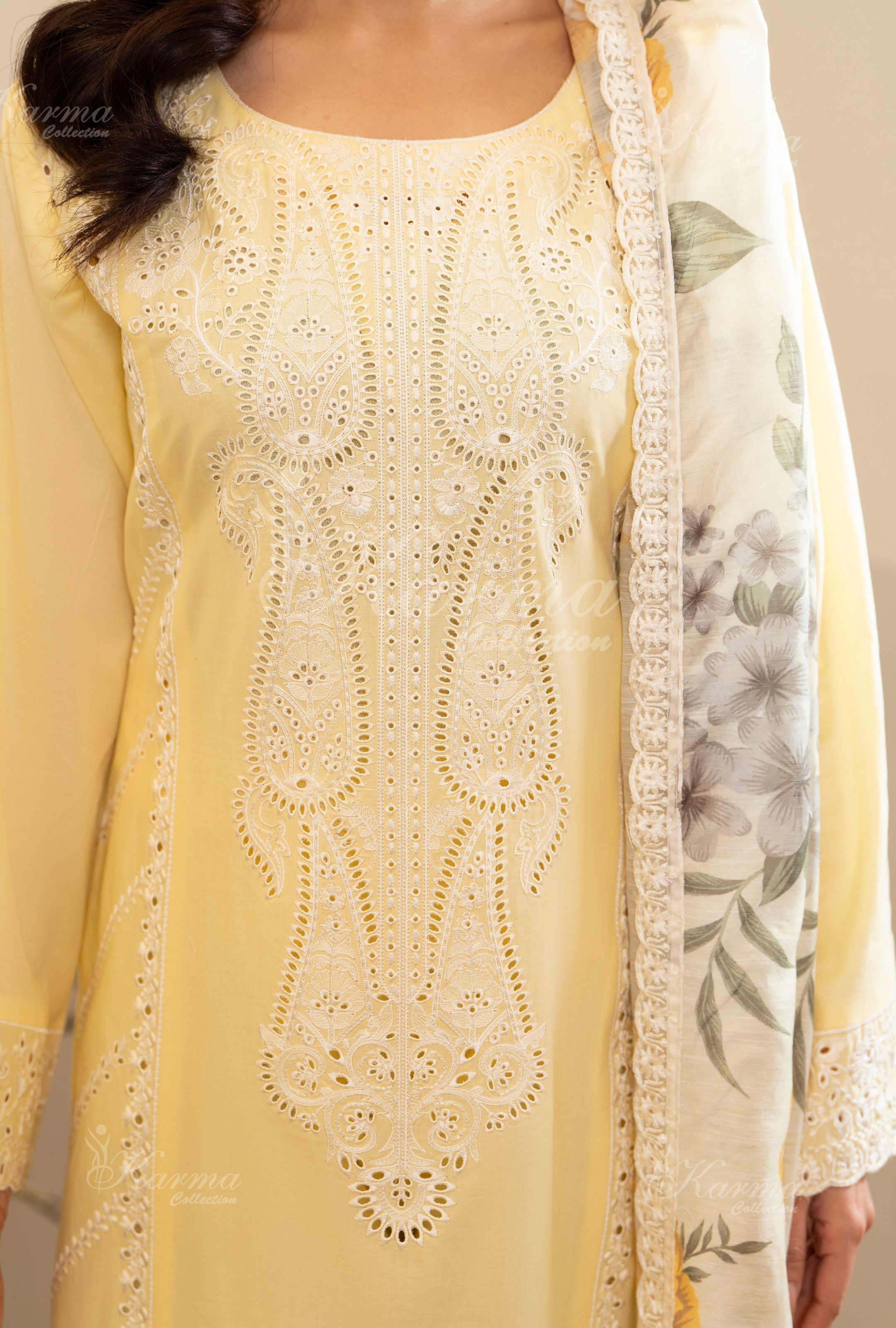 Karma Pastel Yellow 3 Piece Lawn Outfit