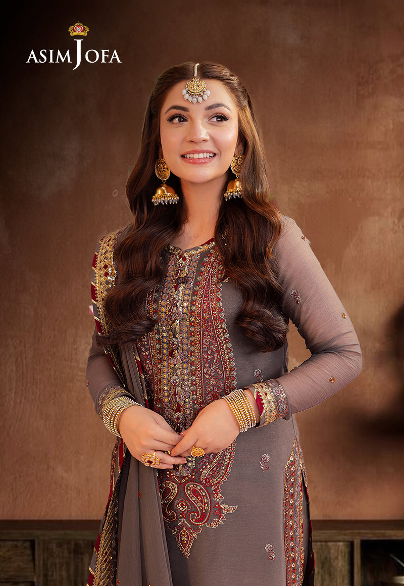 Asim Jofa Dark Grey and Maroon 3 Piece Chiffon Outfit
