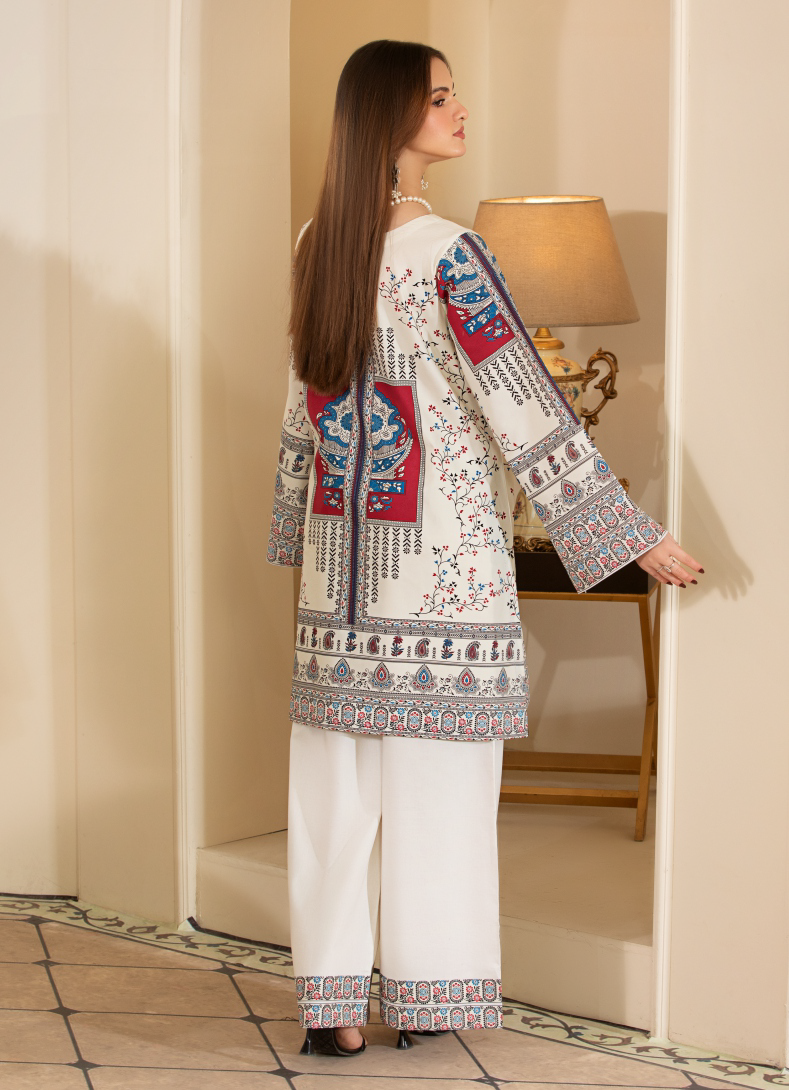 White and Red 3 Piece Designer Lawn Outfit
