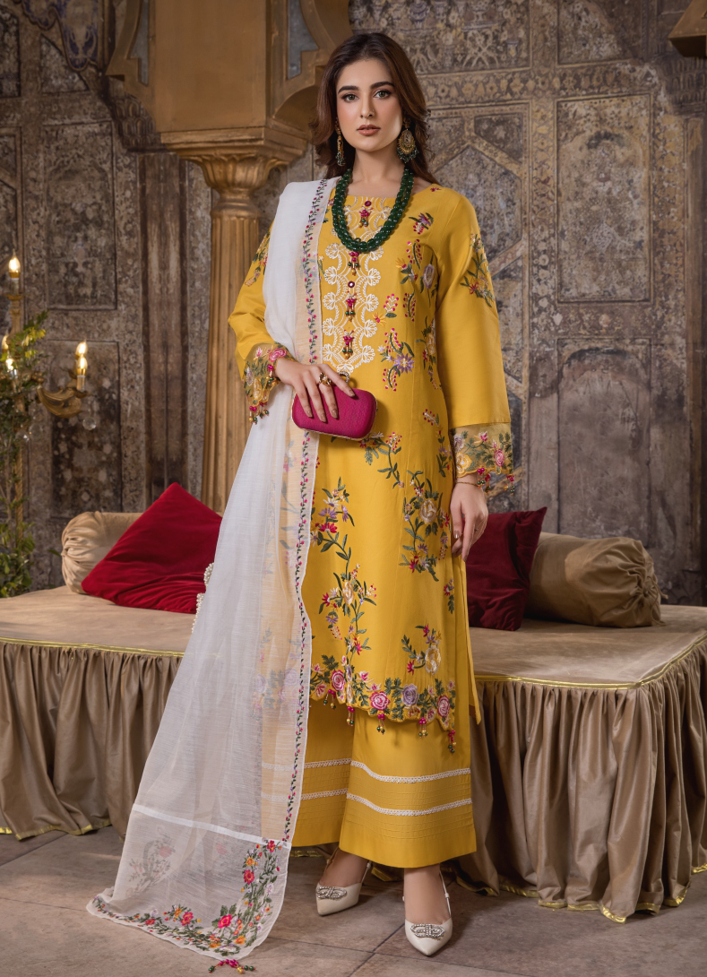 Yellow and White 3 Piece Designer Lawn Outfit