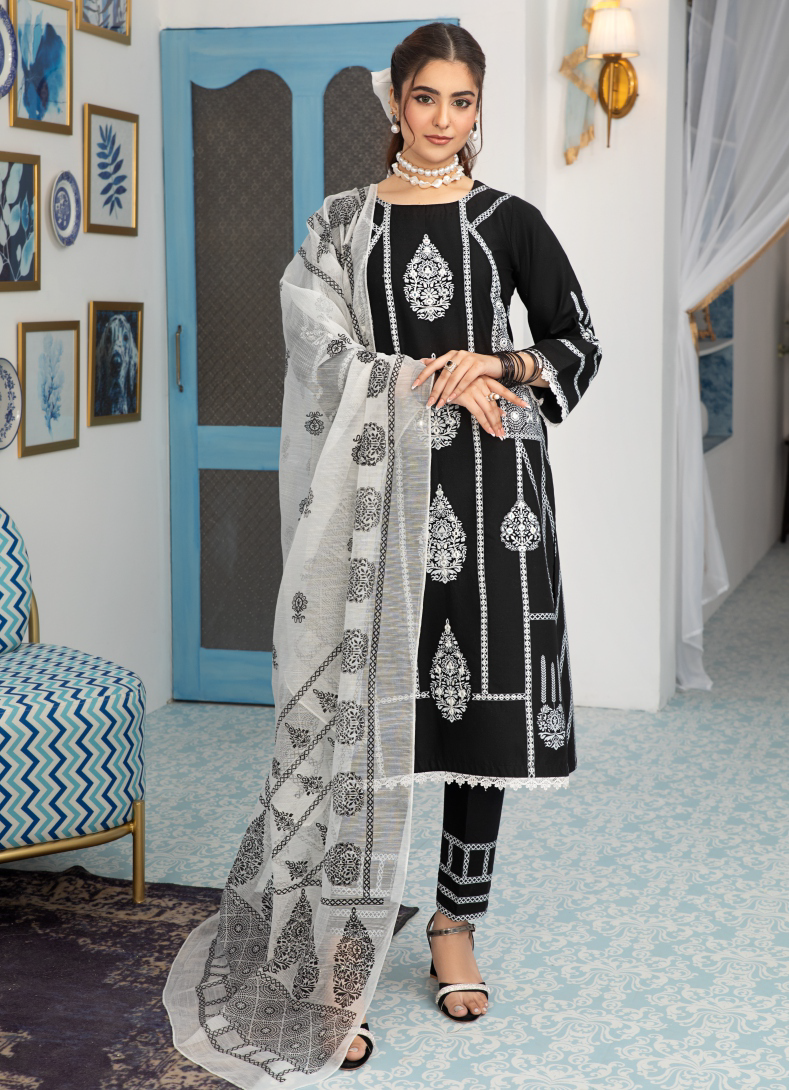 Black and White 3 Piece Designer Lawn Outfit