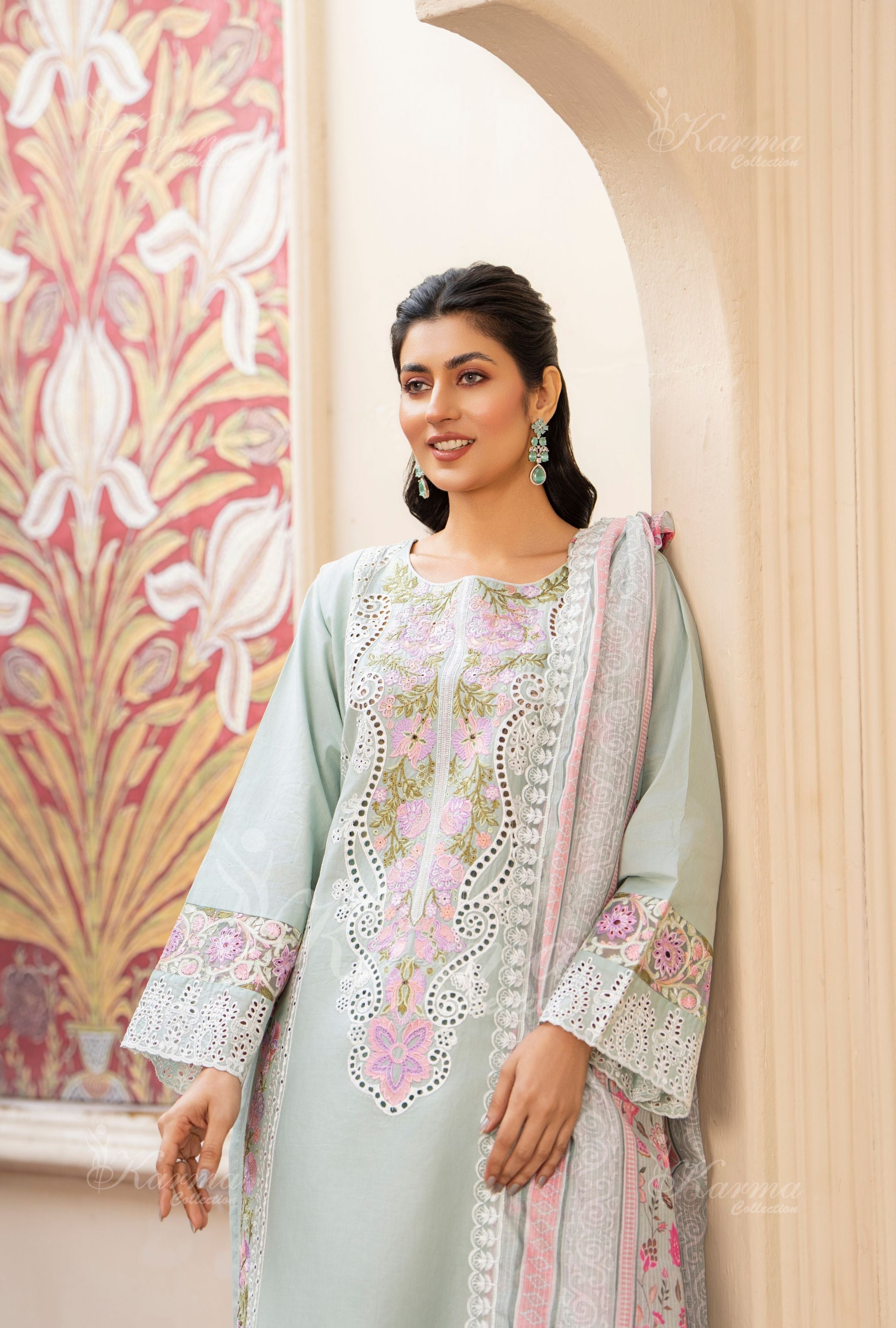 Karma Pastel Light Blue 3 Piece Lawn Outfit