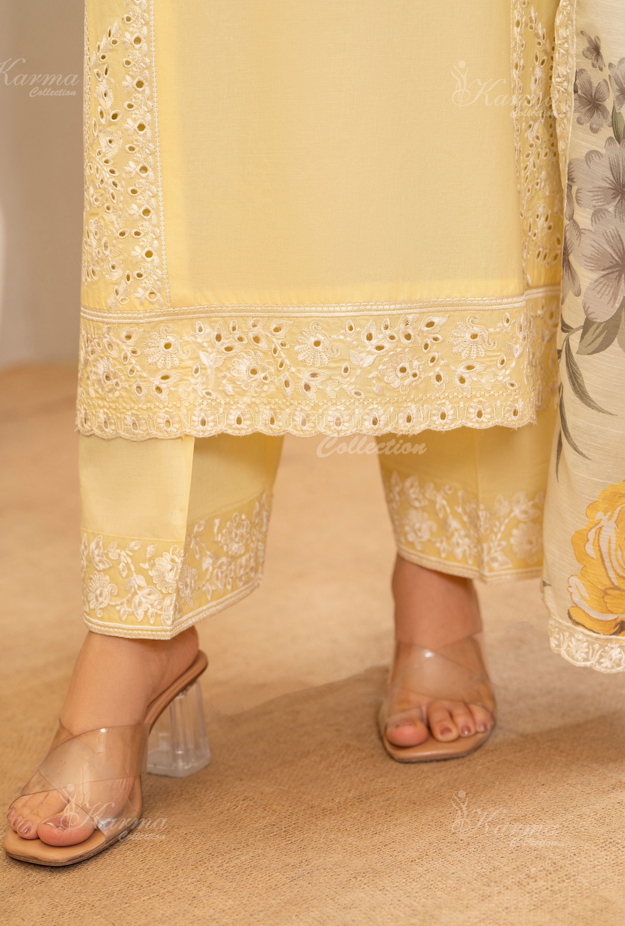 Karma Pastel Yellow 3 Piece Lawn Outfit