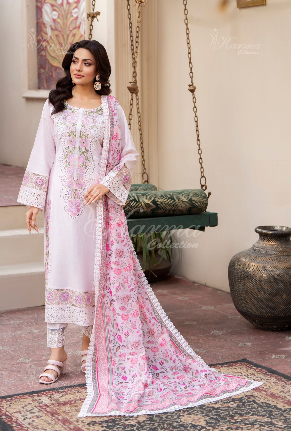 Karma Paled Baby Pink 3 Piece Lawn Outfit