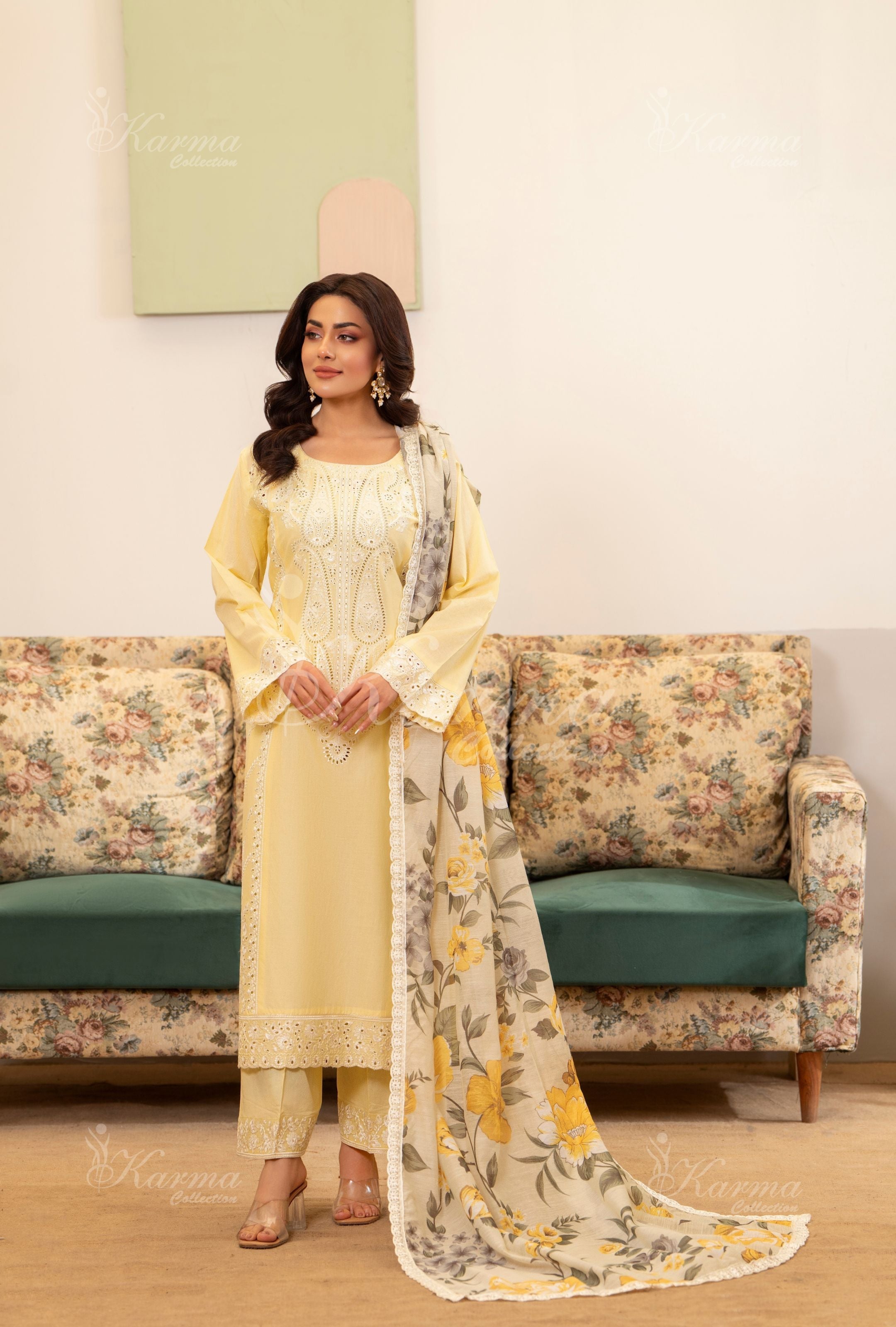 Karma Pastel Yellow 3 Piece Lawn Outfit