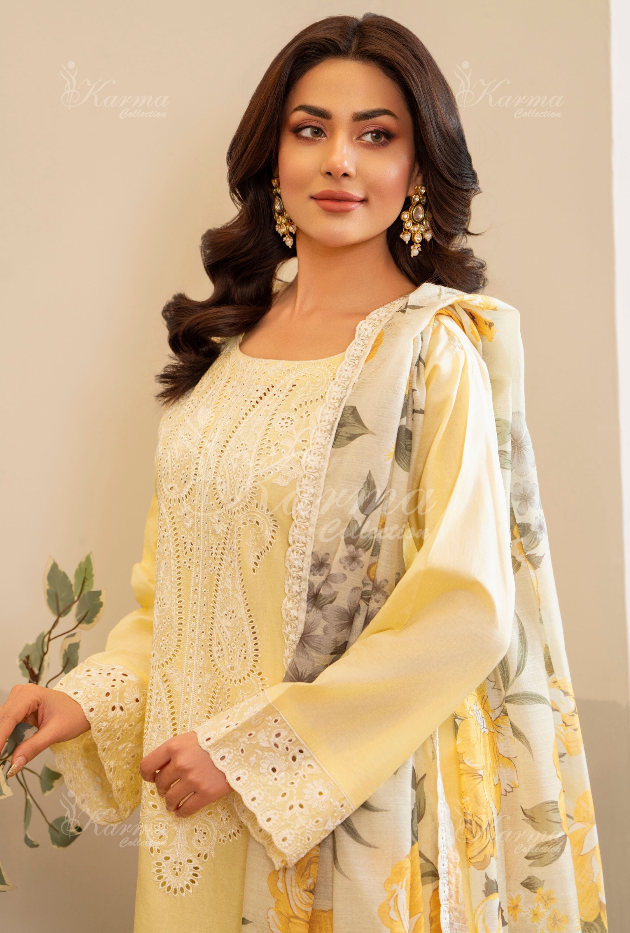 Karma Pastel Yellow 3 Piece Lawn Outfit