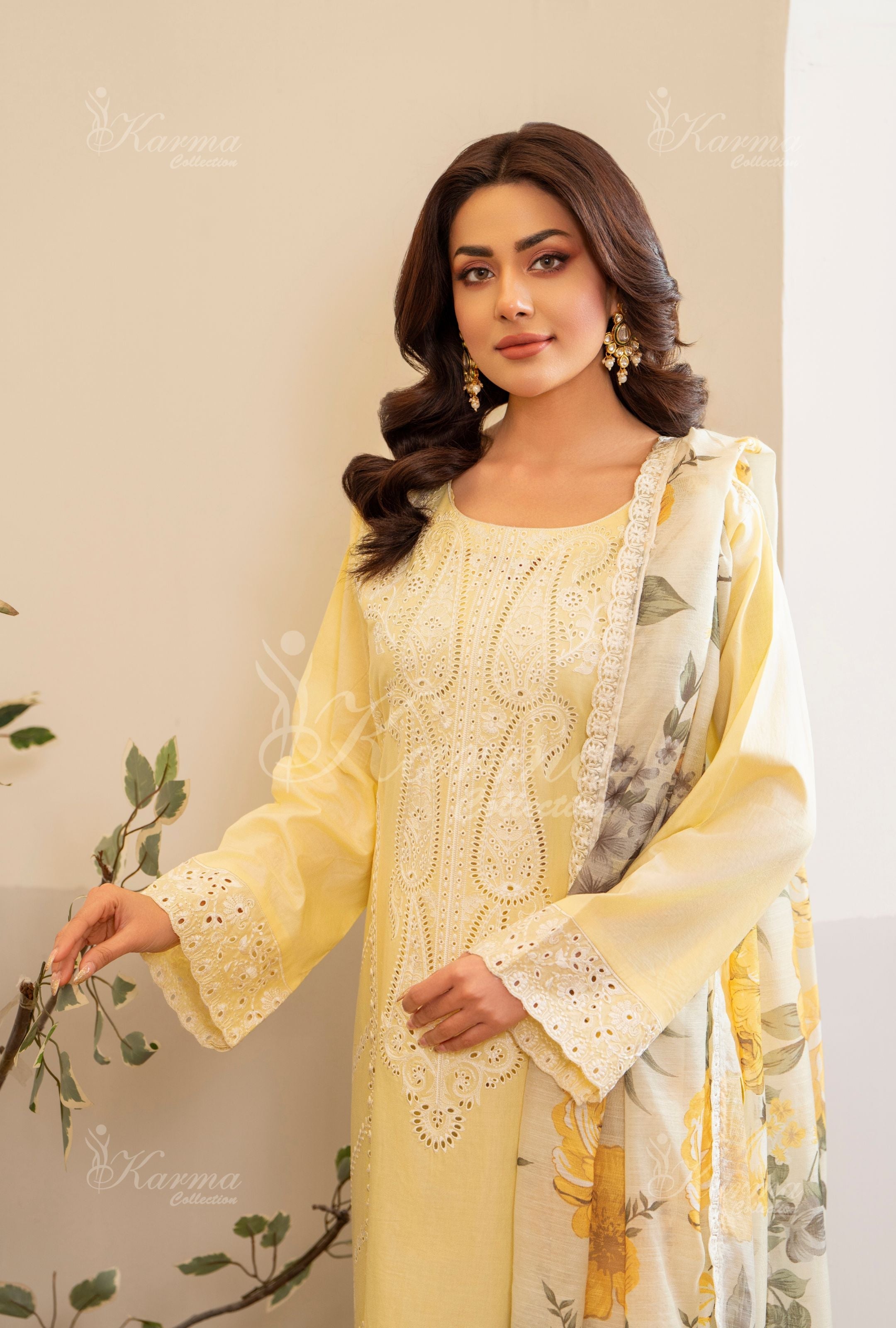 Karma Pastel Yellow 3 Piece Lawn Outfit