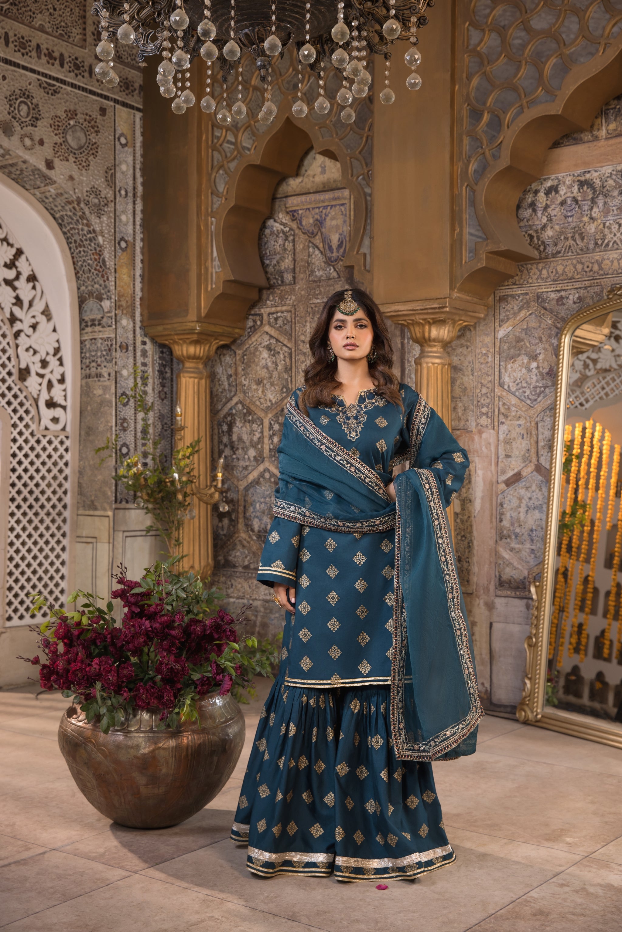 Teal 3 Piece Designer Cambric Outfit