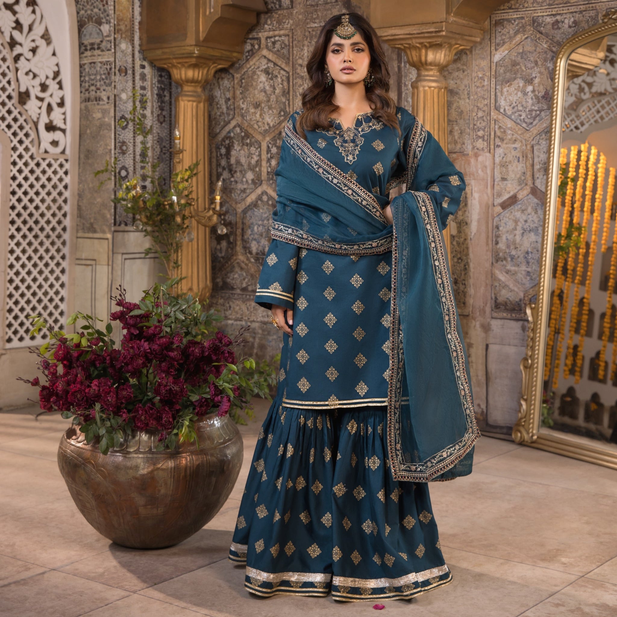 Teal 3 Piece Designer Cambric Outfit