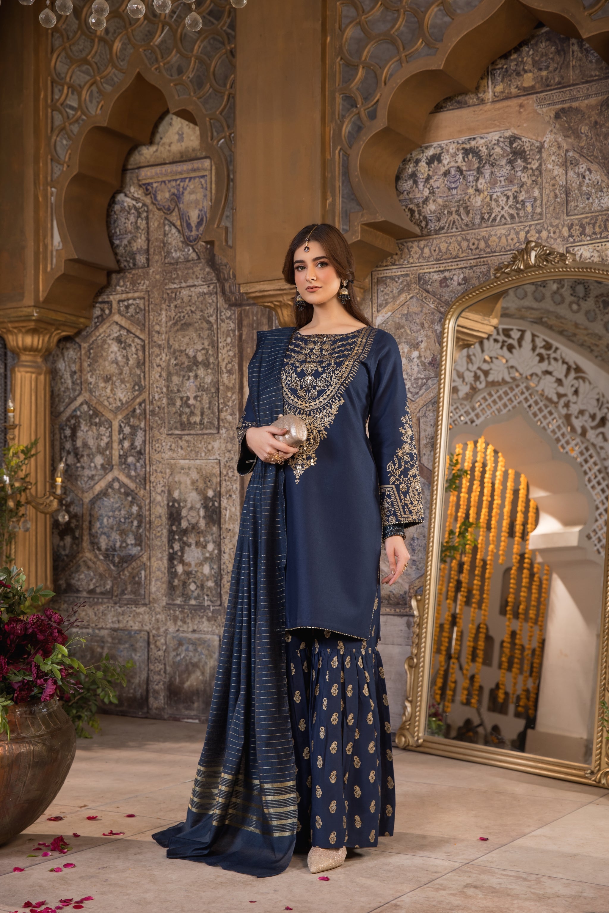 Navy Blue 3 Piece Designer Cambric Outfit