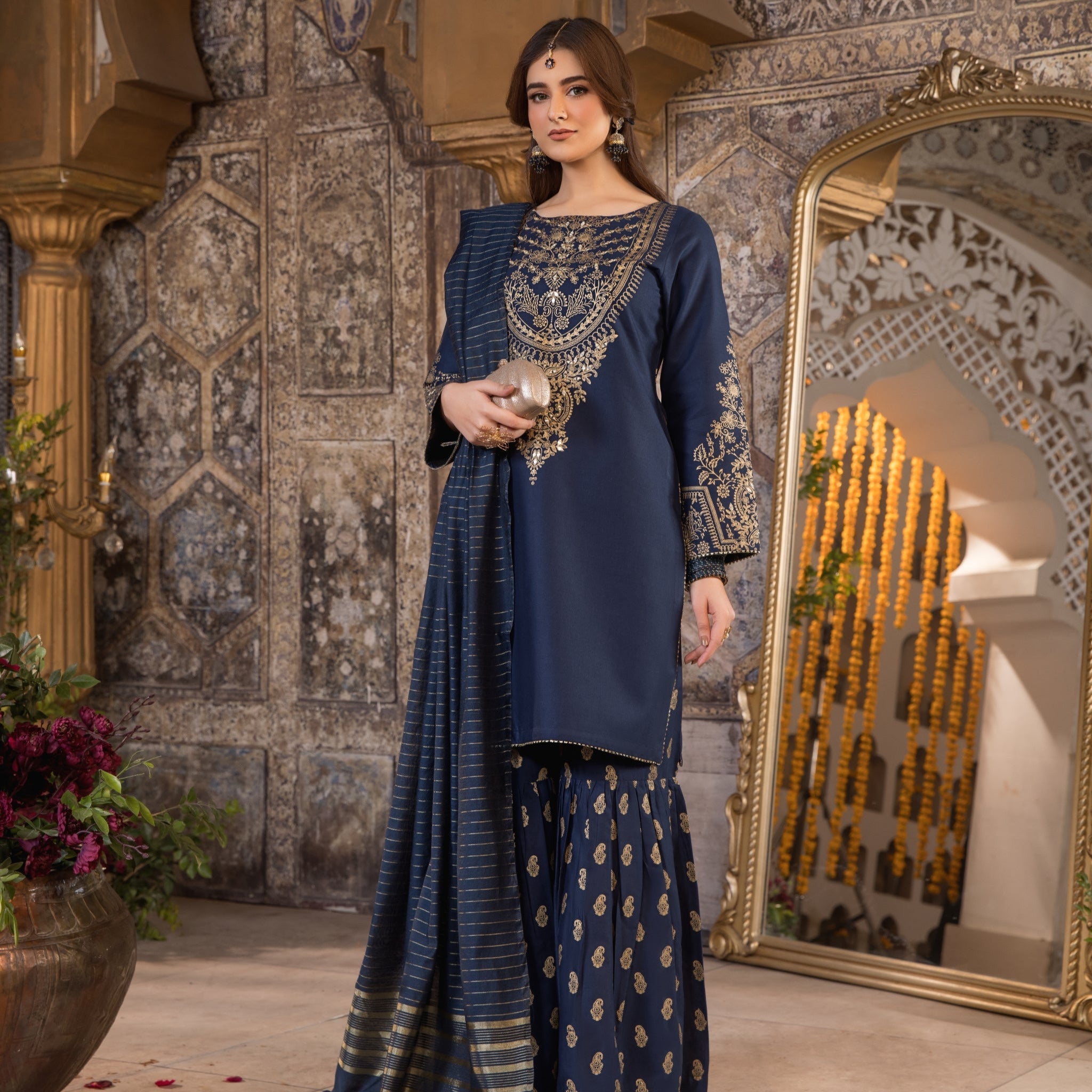 Navy Blue 3 Piece Designer Cambric Outfit